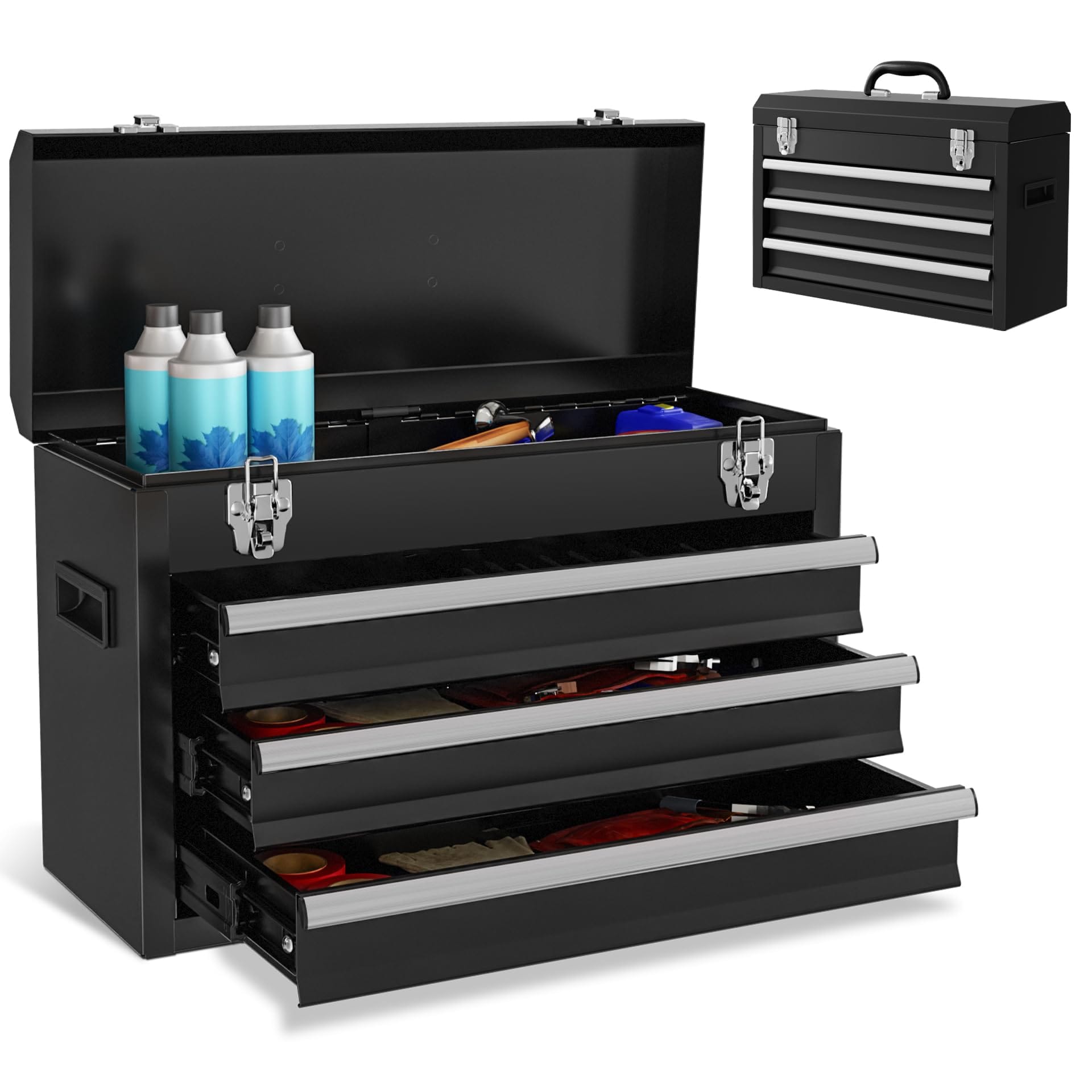 UUDULY  Portable Metal Tool Box 3 Drawer Lockable Heavy Duty Tool Chest with Ball Bearing Slides Dual Latches for Garage Workshop Pink