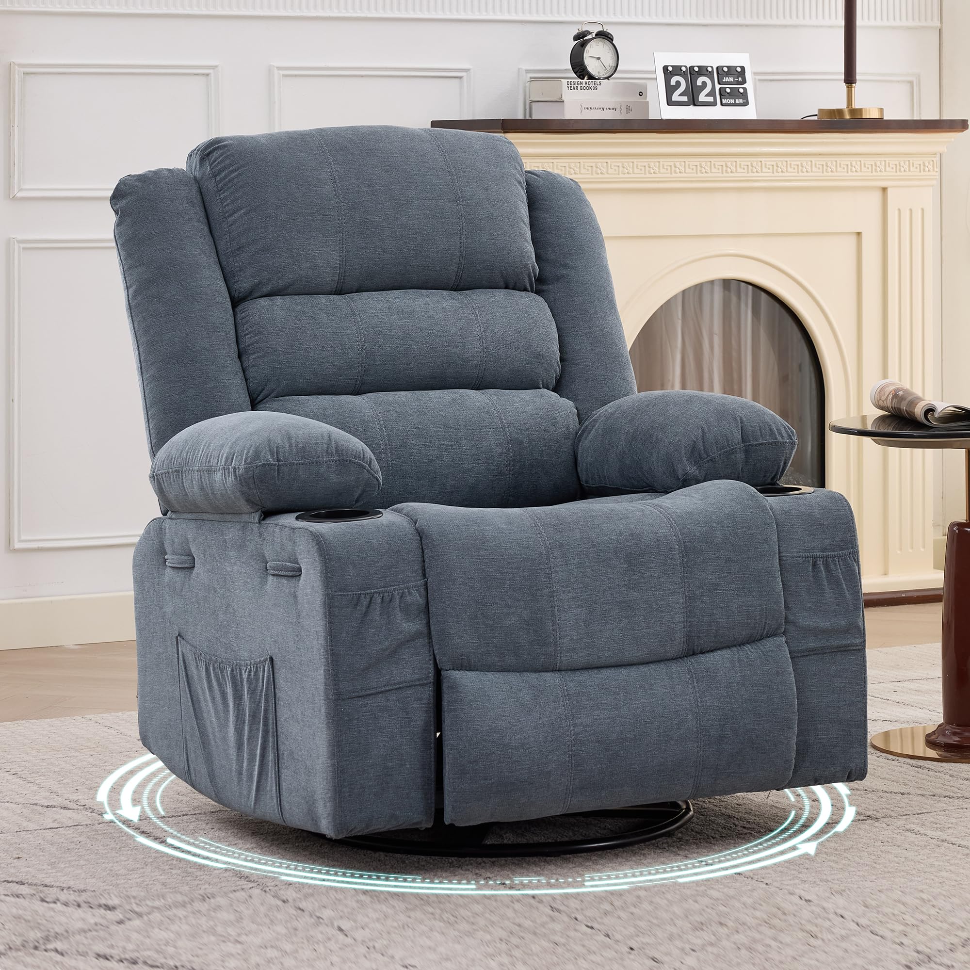 Aoile Rocking Recliner Chair 360-degree Swivel Manual Reclining Chair with Built-In Cup Holders and Side Pockets Blue Linen Single Sofa Chair for Living Room Bedroom and Nursery