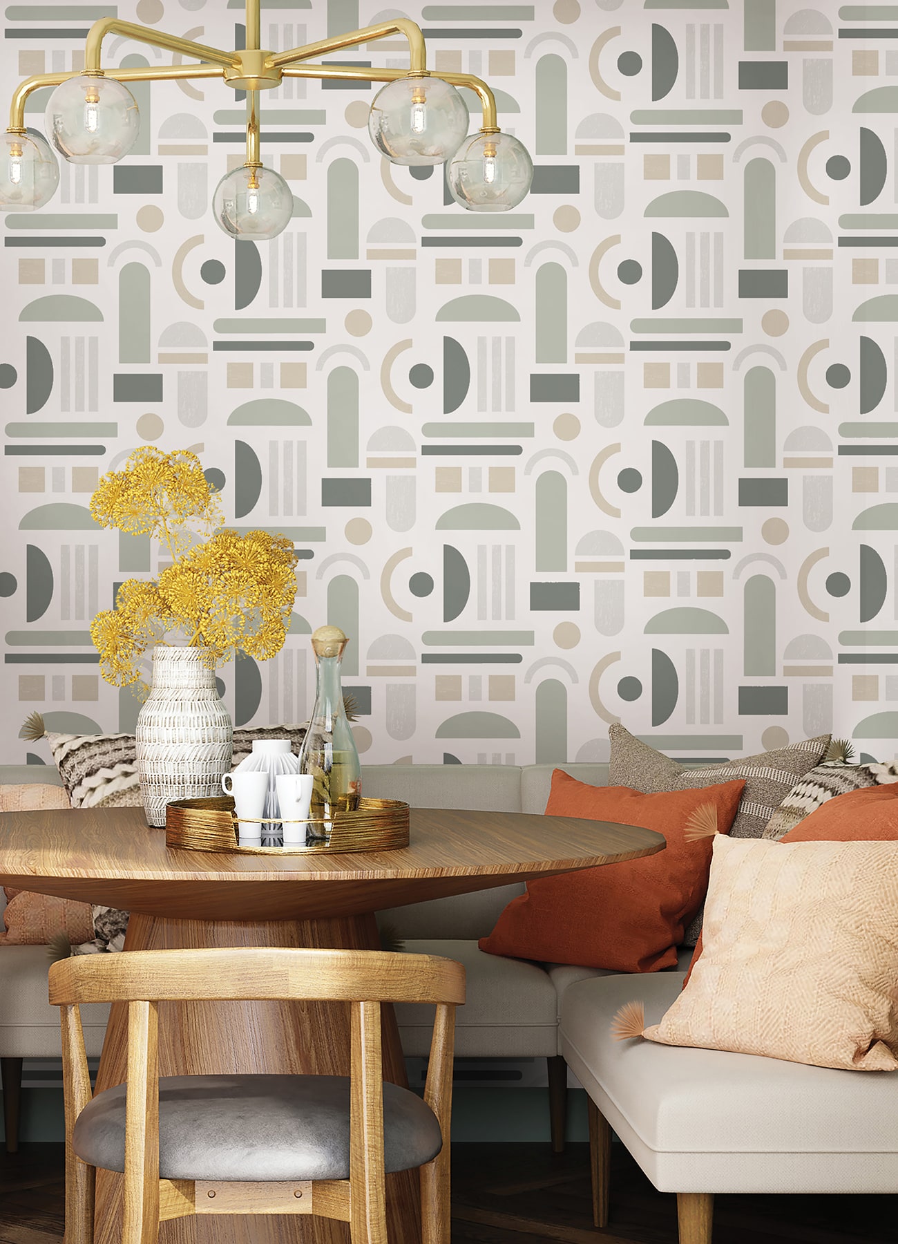 Self-Adhesive White and Green Geometric Peel and Stick Wallpaper