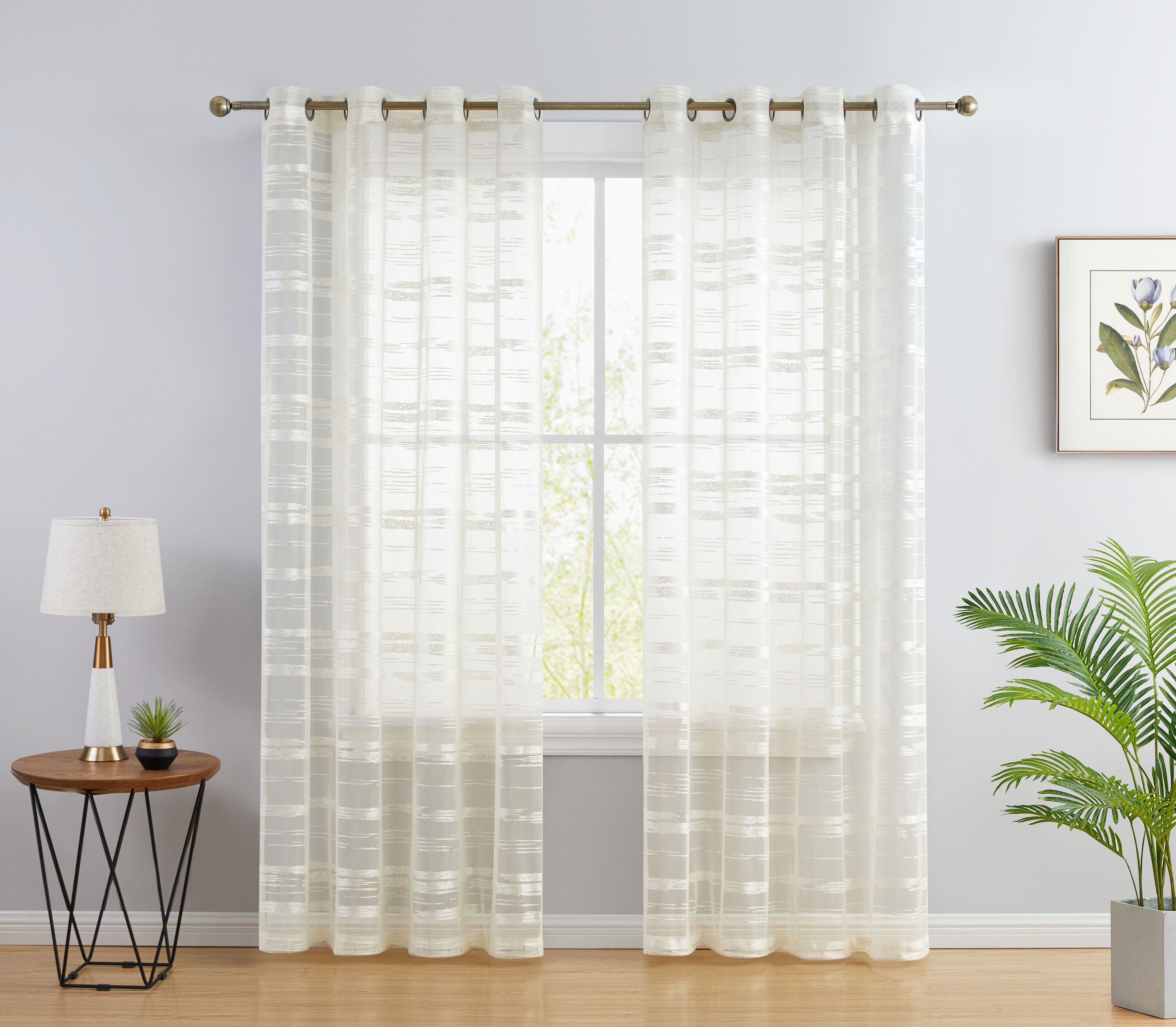 HLC.me BRDWY-96-IVY 96-Inches Ivory Striped Semi-sheer Grommet Curtain panel pair