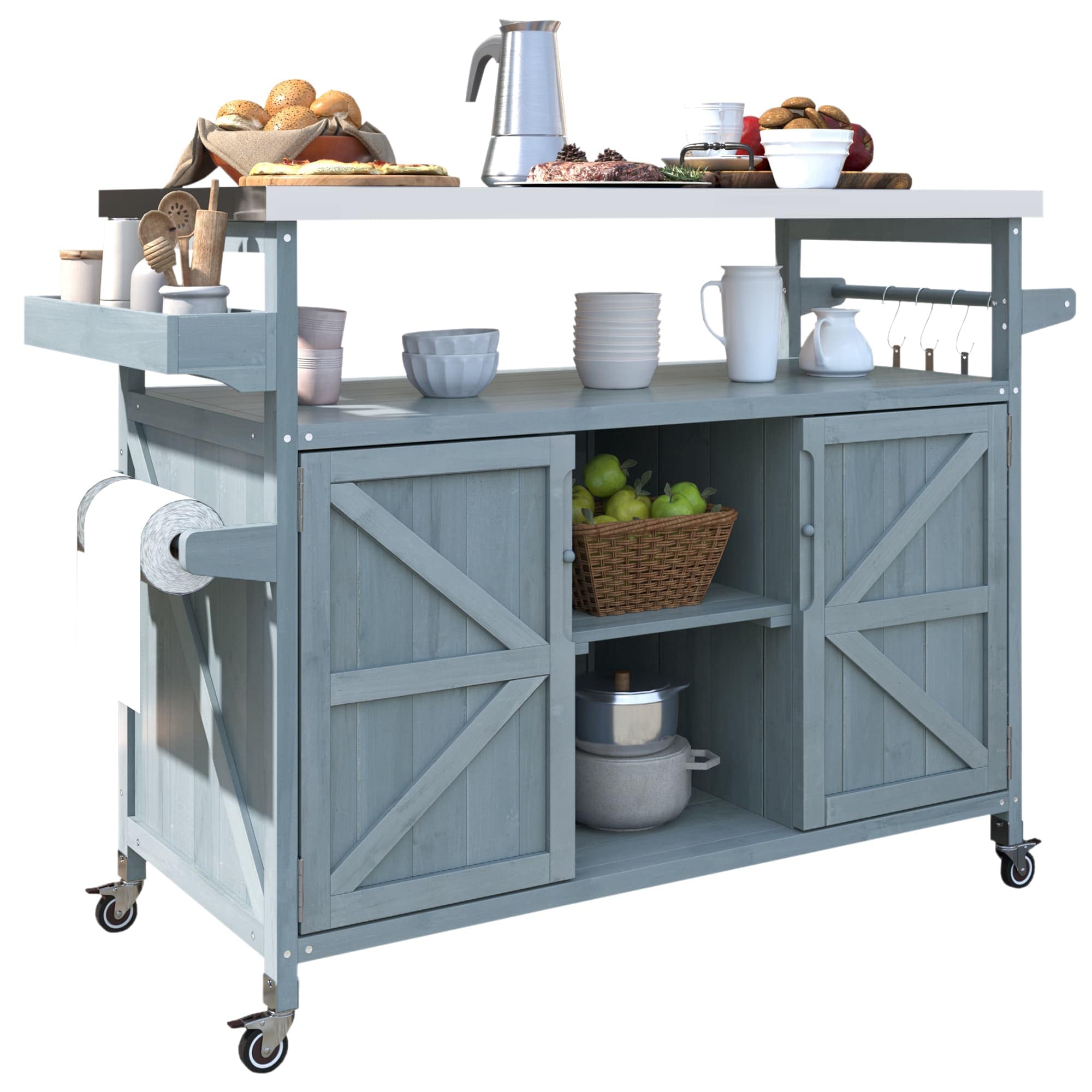 Ama Pear Farmhouse Style Outdoor Kitchen Island with Stainless Steel Top and Lockable Wheels