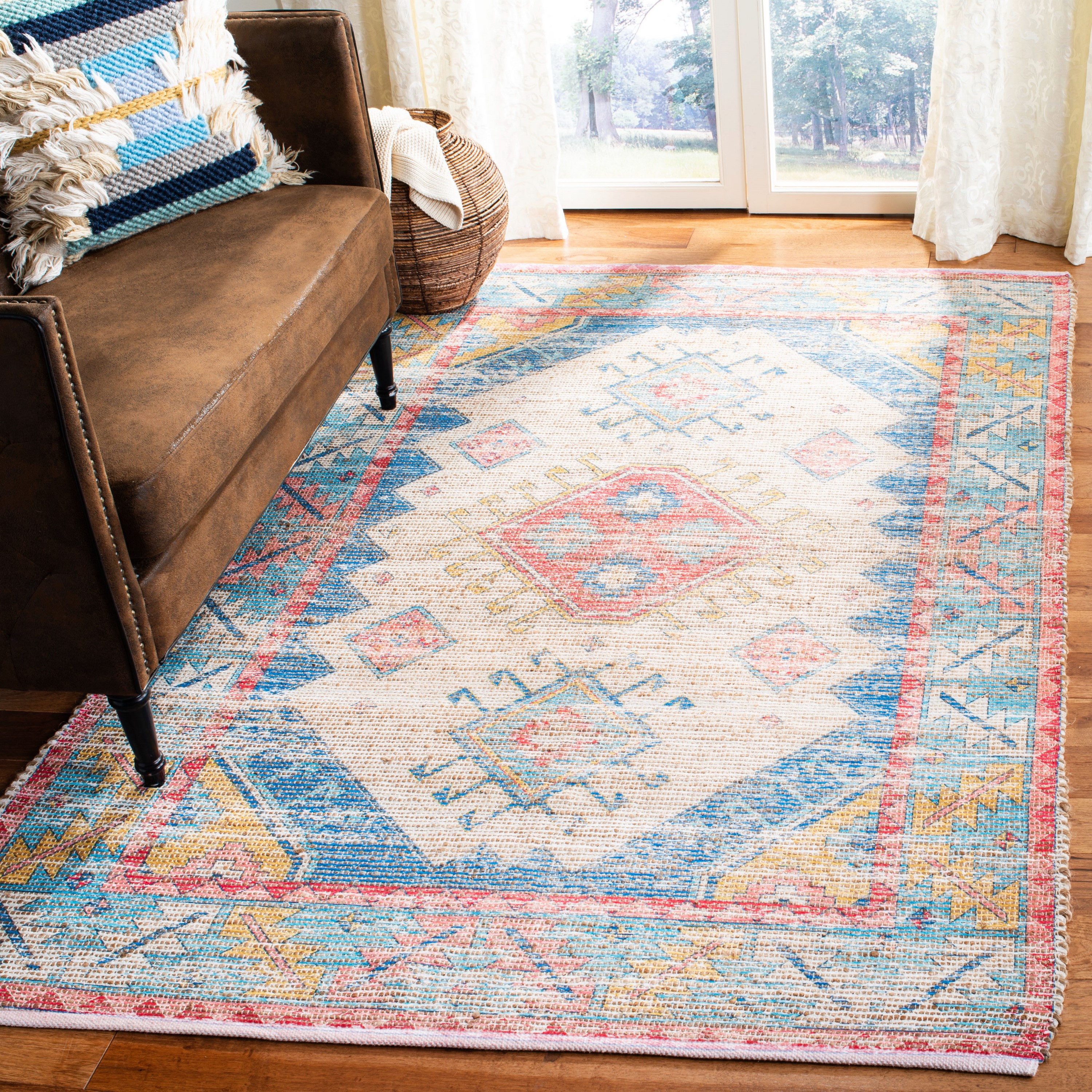 Saffron Elegance Blue and Cream Cotton Blend 6' Square Area Rug