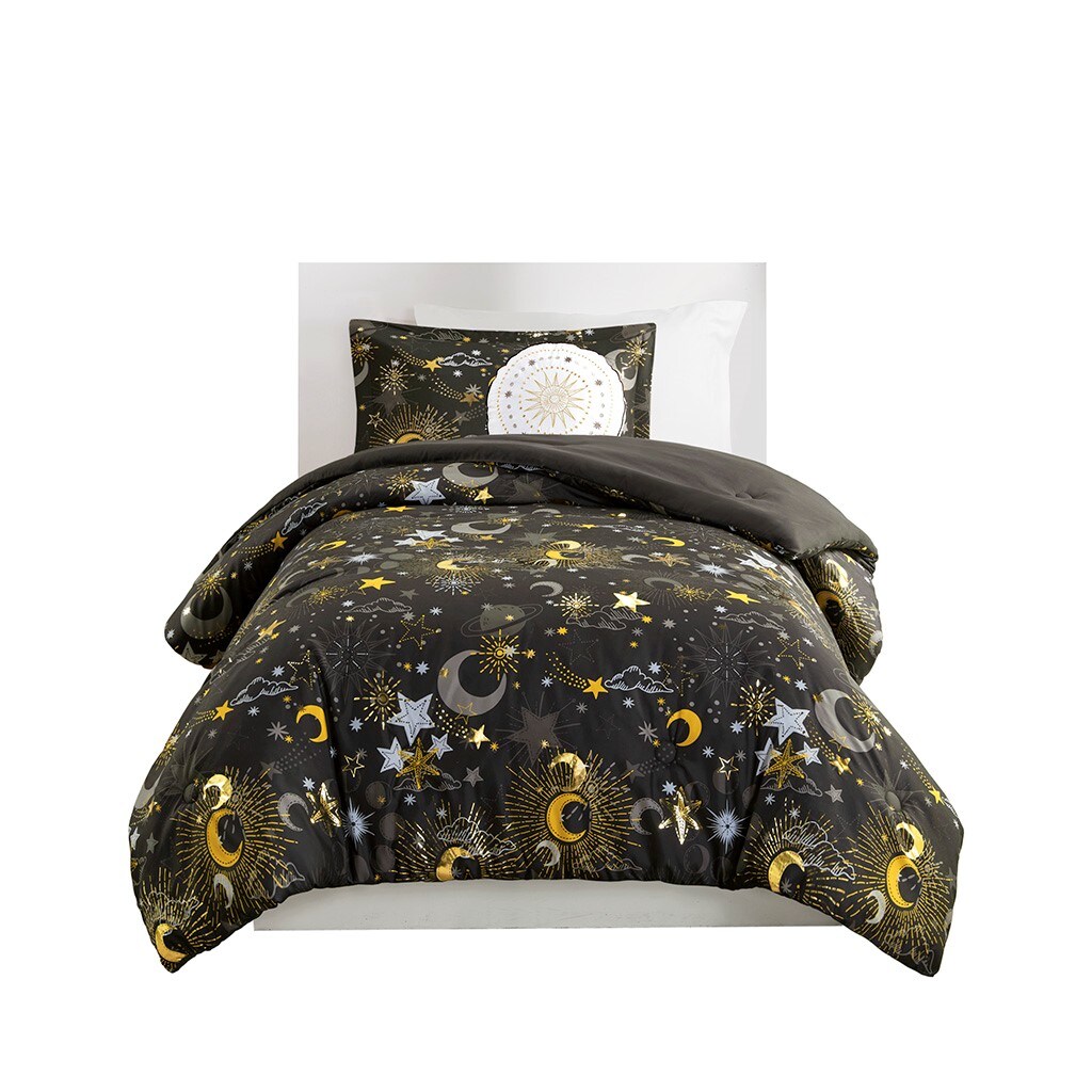 Gracie Mills 272-01KZM Dervan Celestial Dreams Starry Sky Metallic Comforter Set with Enchanting Throw Pillow