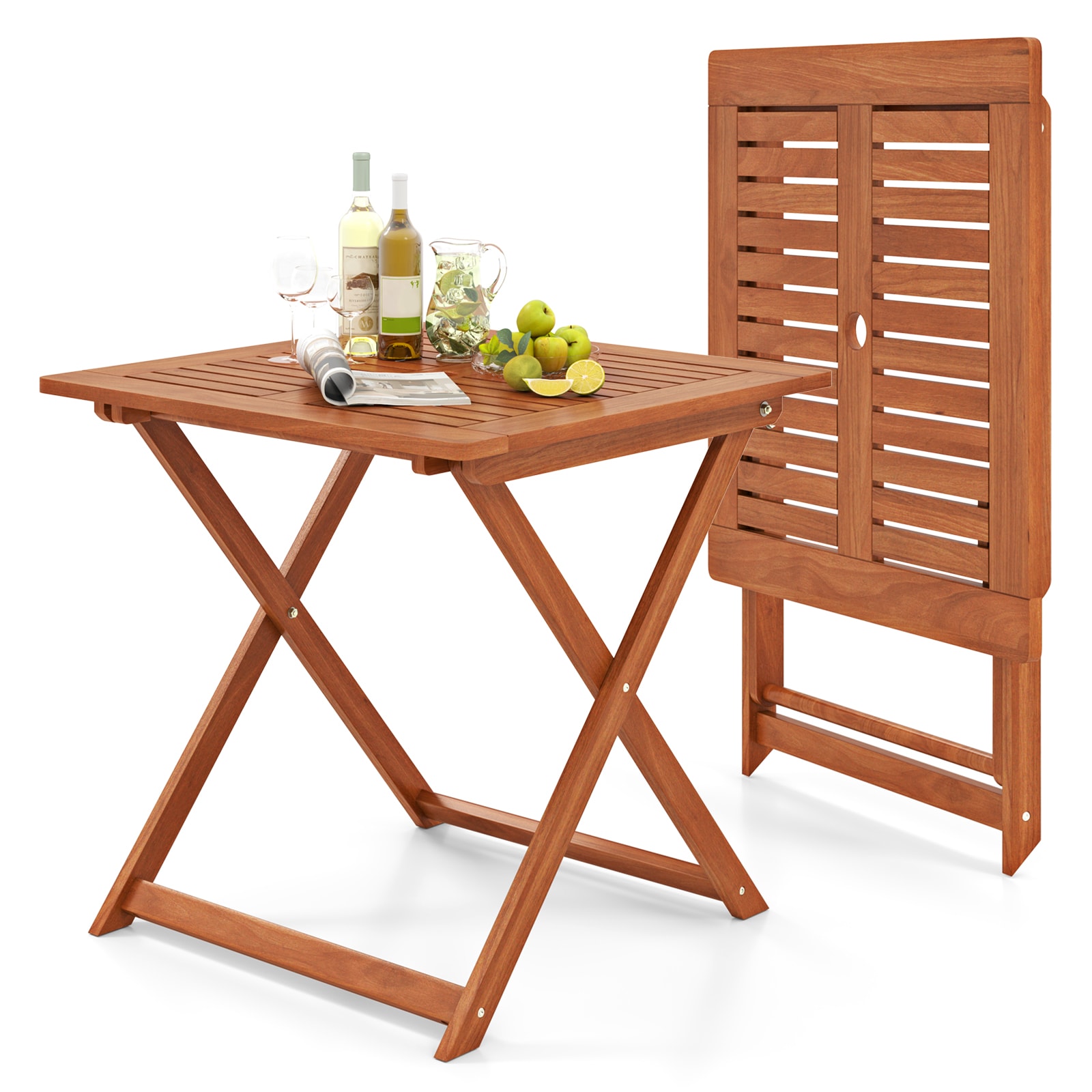 Slickblue Teak Solid Wood Patio Square Outdoor Folding Dining Table -  29.5W x 29.5L- Inches with Umbrella Hole – Anti-Crack Solid Wood X-Frame Stability - Perfect for Patio Deck and Balcony