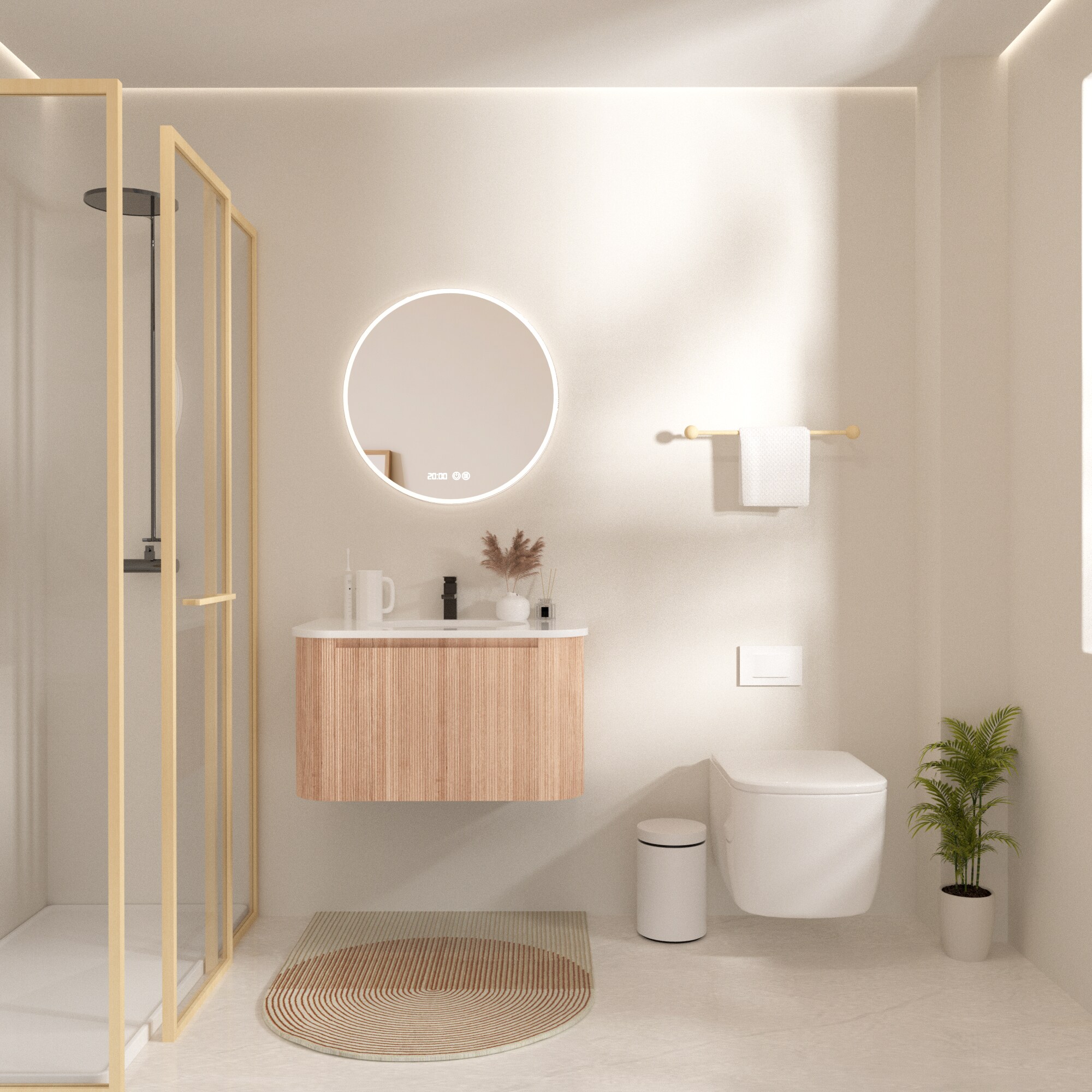 GLANZEND -  Wall Mounted 30 in W Natural Wood Single Sink Bathroom Vanity with Ceramic Top Soft C...