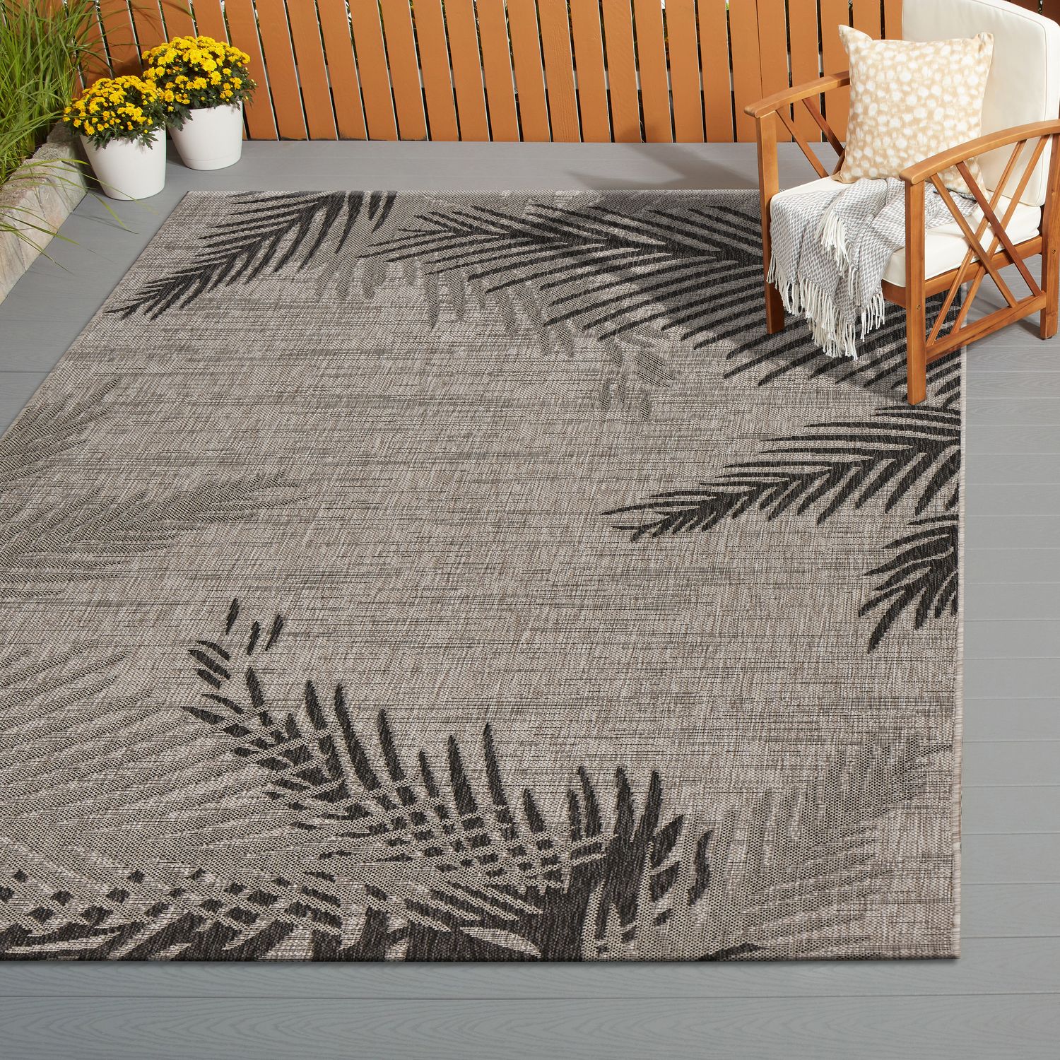 LR Home 0331A9084934J8 Lanai 2 x 3 (ft) Loomed Polypropylene Beige / Black Rectangular Indoor/Outdoor Floral/Botanical Coastal Area rug