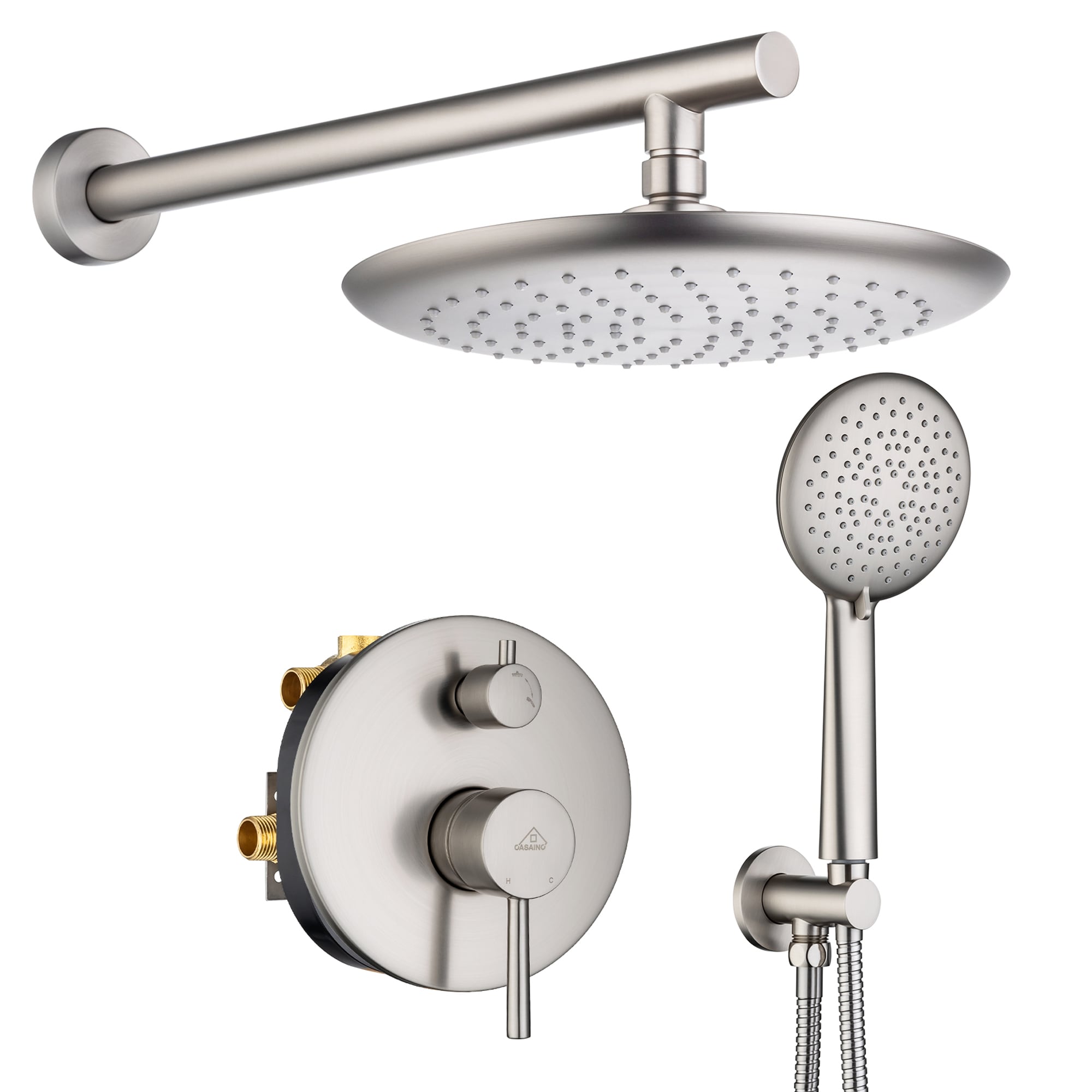 Clihome MS-A3794-MB Brushed Nickle 9.5-in Dual Head Built-In Shower Faucet System with 2-way Diverter ( Pressure-balanced Valve Included )