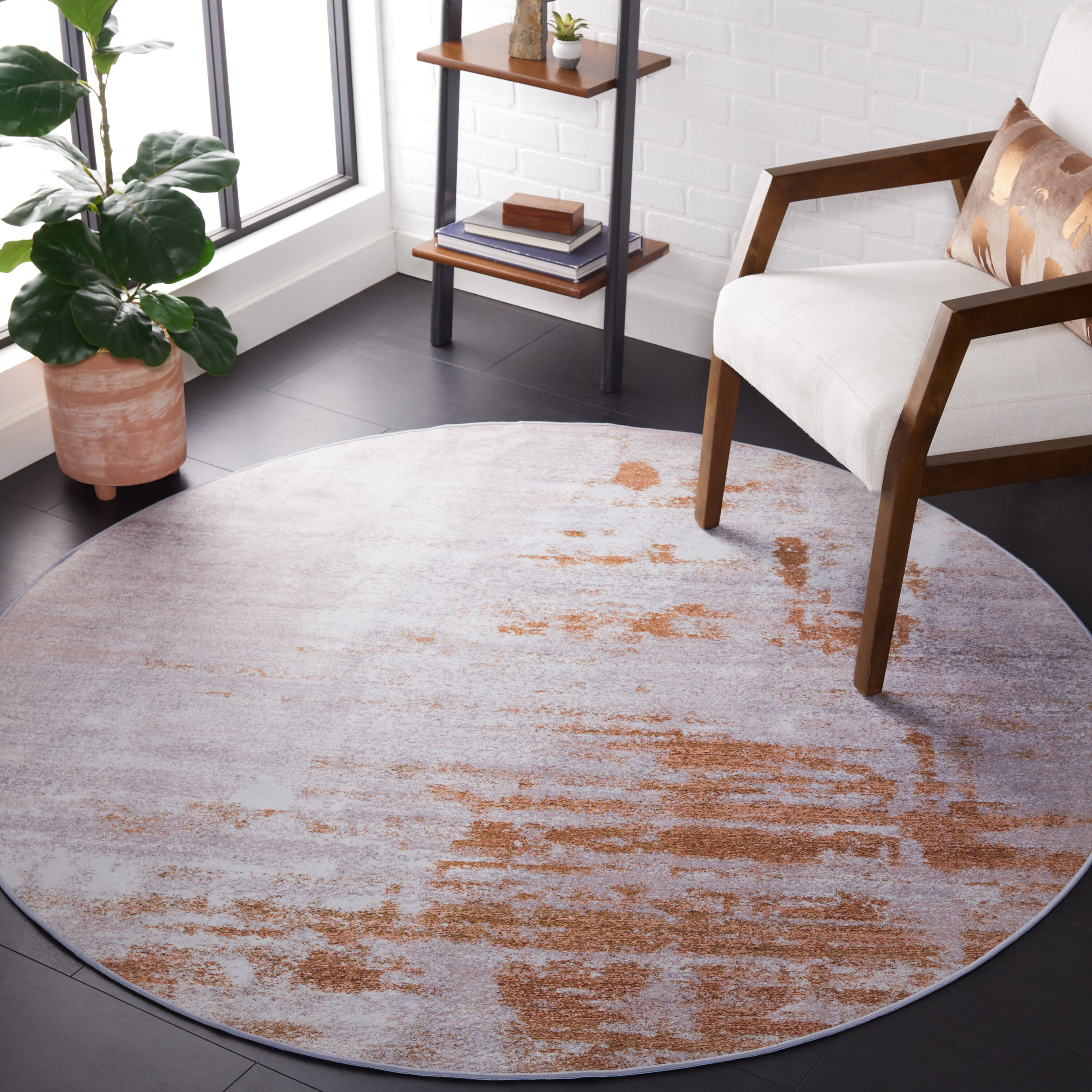 Safavieh TAC808P-6R Tacoma 6 x 6 (ft) Loomed Polyester Gray/Rust Round Indoor Abstract Machine washable Area rug