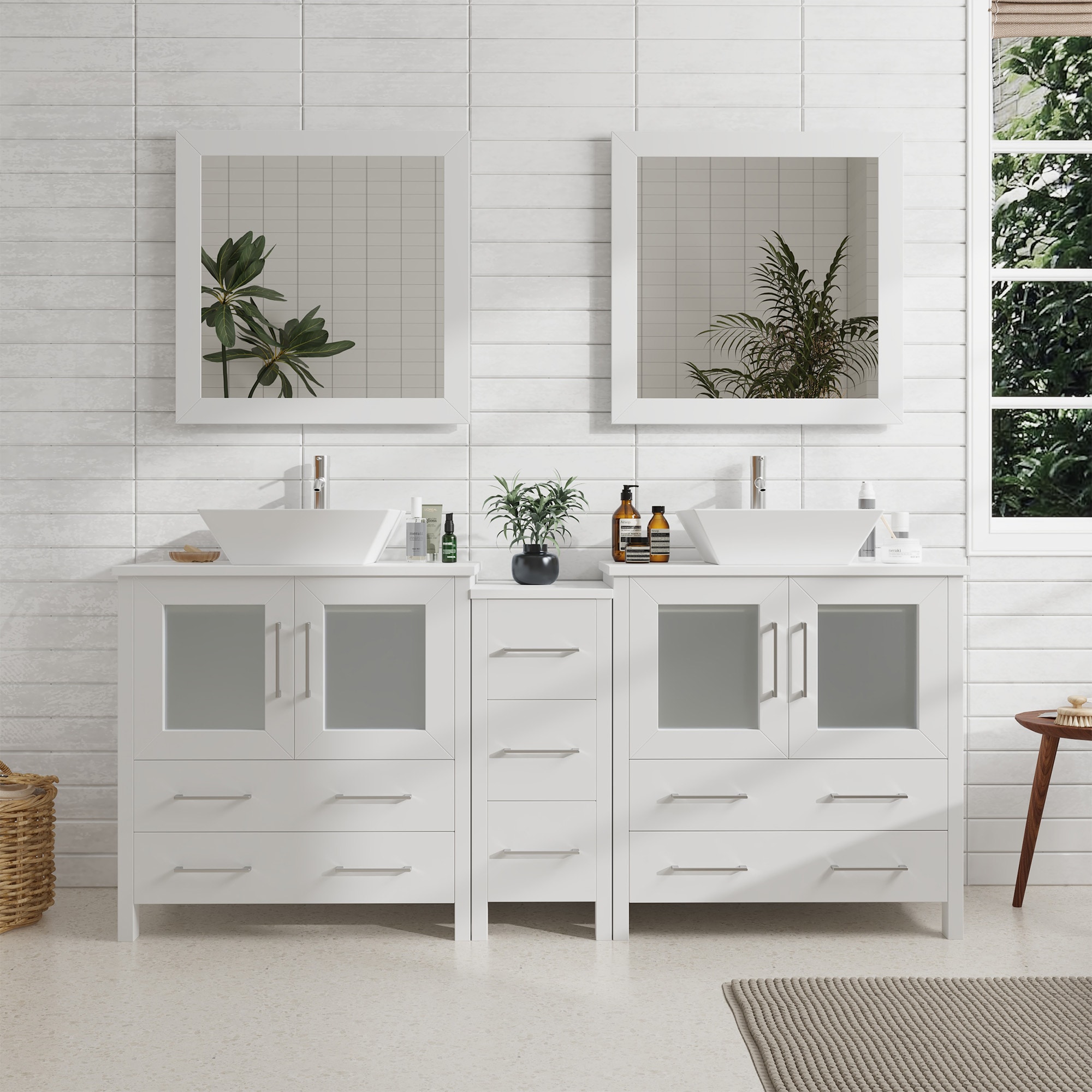 Vanity Art VA3130-72W Ravenna 72-in White Double sink Bathroom Vanity with White Engineered marble Top (Mirror Included)