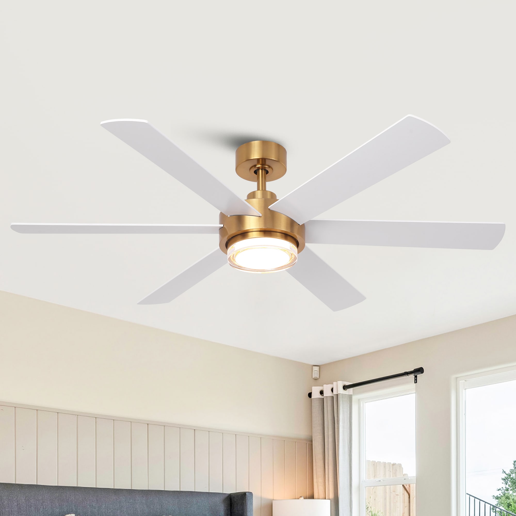 Parrot Uncle F6005GD 54-in Color-Changing Integrated LED Brushed Gold with White Blades Ceiling Fan With Light - Remote Included ( 6 -Blade )