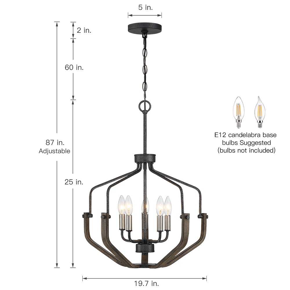 True Fine Walcott 5-Light Black and Faux Dark Wood Farmhouse Dry Rated ...