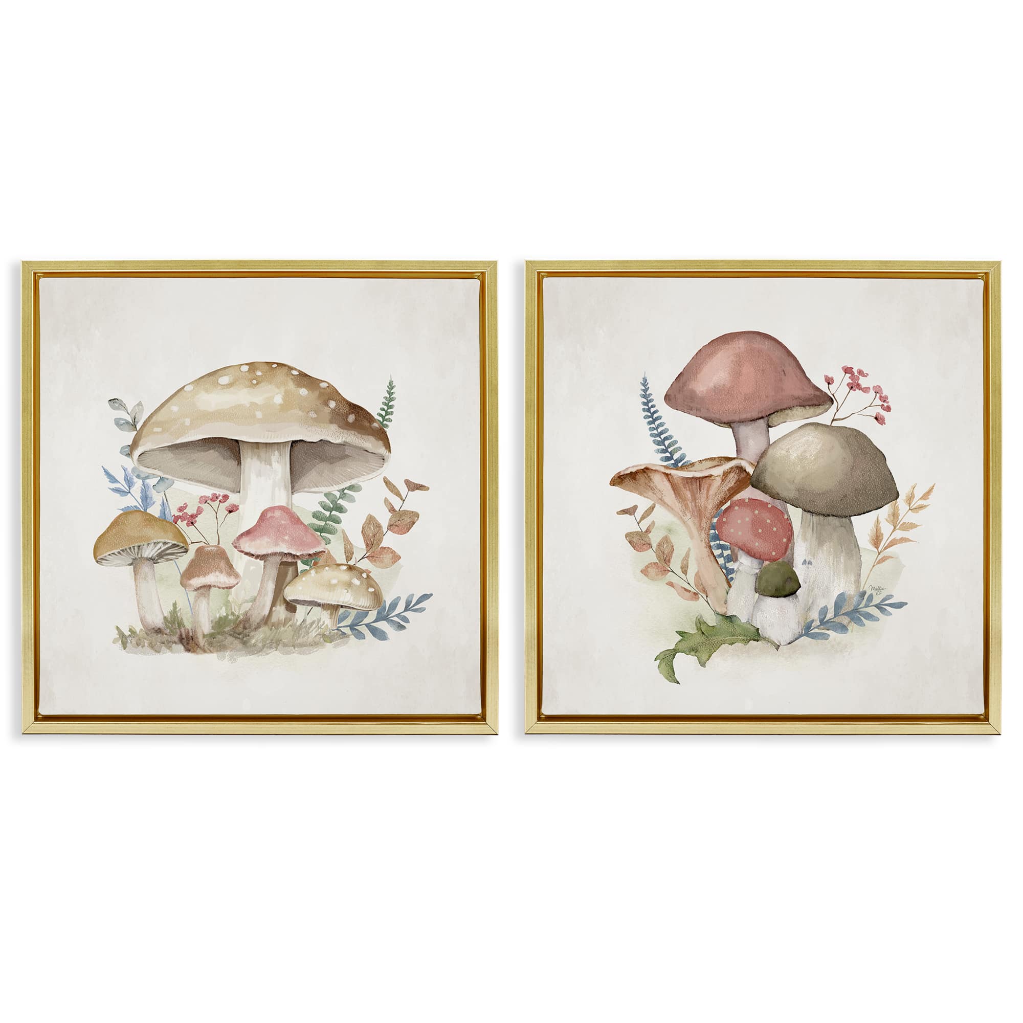 Stupell Industries B2-791-FFG-2PC-17X17 Pastel Blooming Mushrooms 2 Piece Gold Framed Floater Canvas Set By Mollie B. 18 x 18