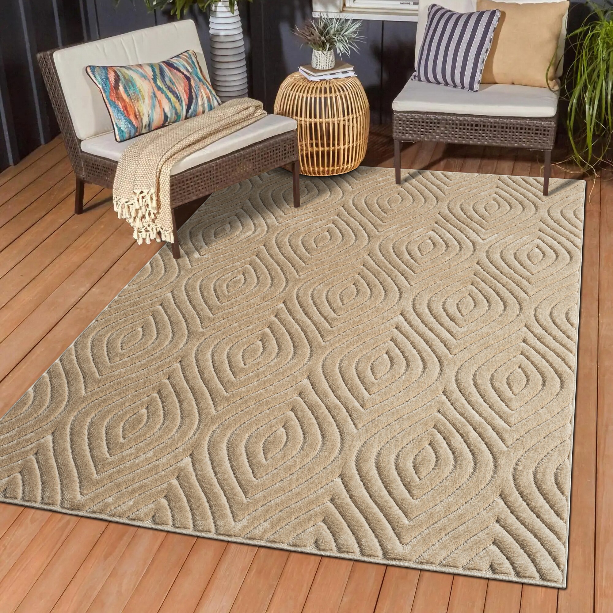 Beige Rectangular 5' x 7' Synthetic Stain-Resistant Area Rug