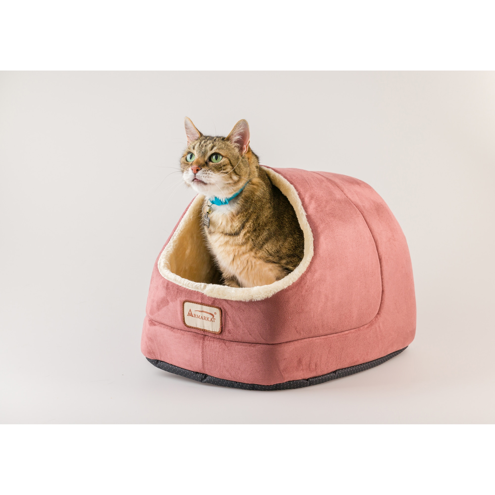 Large Red and Beige Suede Oval Cat Bed