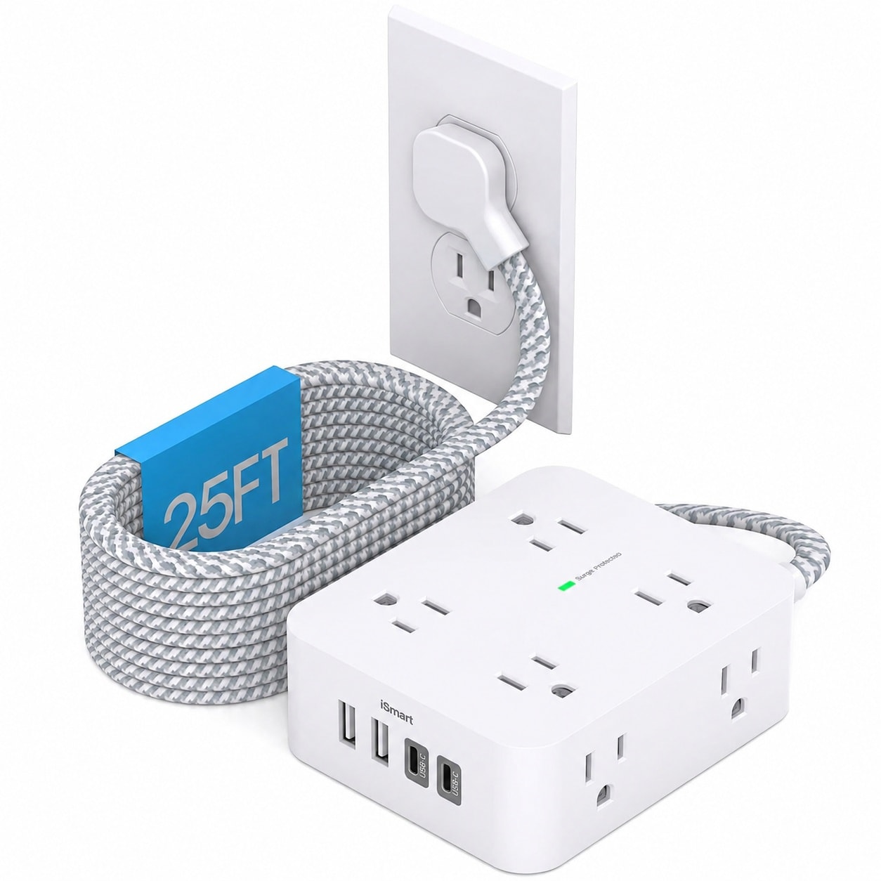 Justincity  10 ft Extension Cord Surge Protector Power Strip with 8 Wide Spaced Outlets and 4 USB Ports Flat Plug Design for Home Office Dorm Room