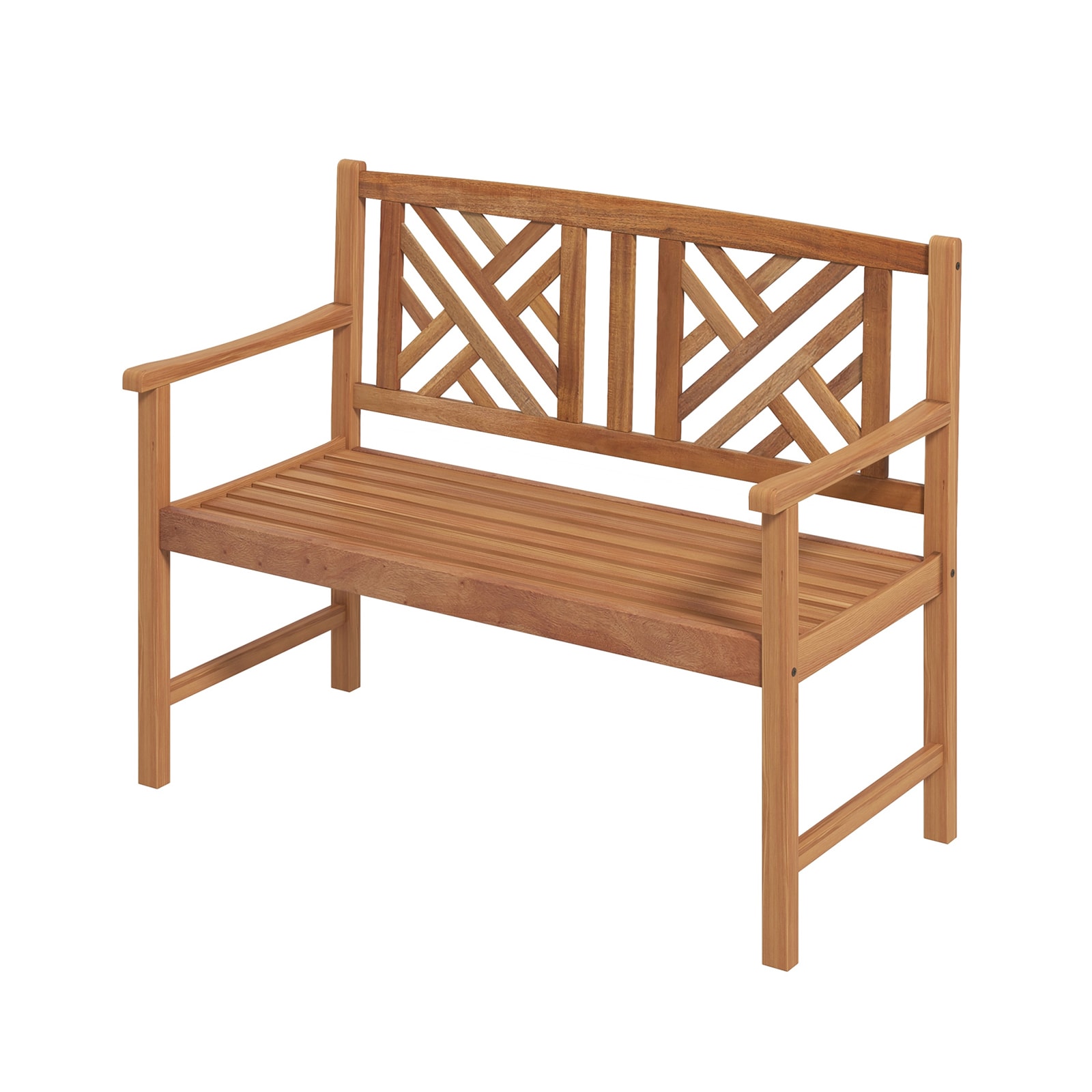 Slickblue 47.5 Inch W x 34 Inch H- Brown Acacia Wood Outdoor Bench with Decorative Backrest and Armrests for Patio Garden Porch Seats 2