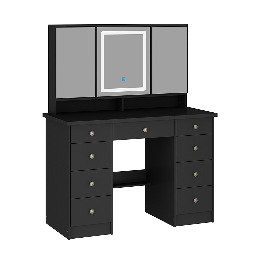  V-KF210213-05 Large Vanity Desk with Open Mirror and LED Lights Makeup Vanity Desk with Crystal Handles Cushion Stool Not Included