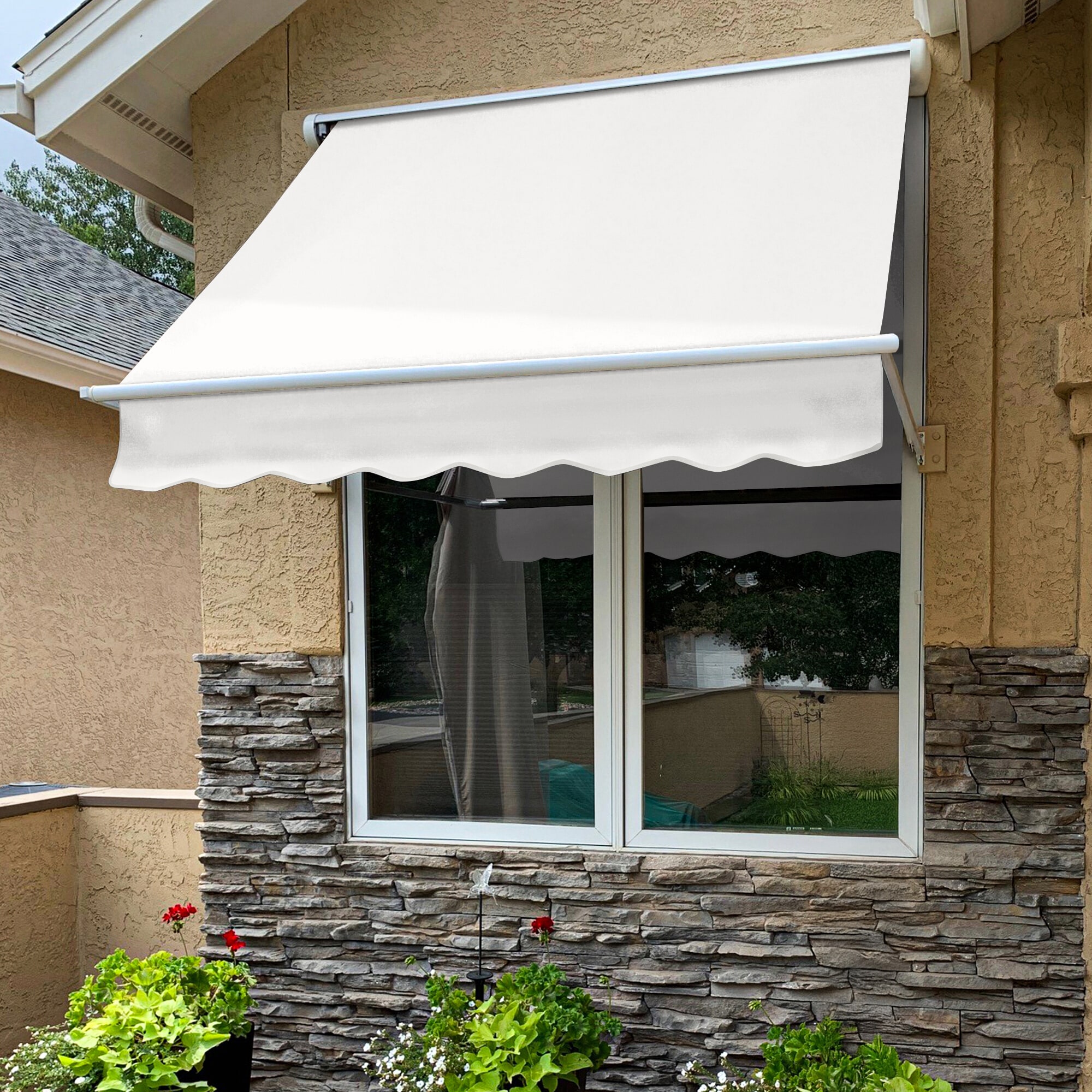 Awntech MS6-L-W Mesa 76.5-in Wide x 24.0-in Projection x 24.0-in Height Fabric Off White Solid Manual Retractable Window/Door Awning