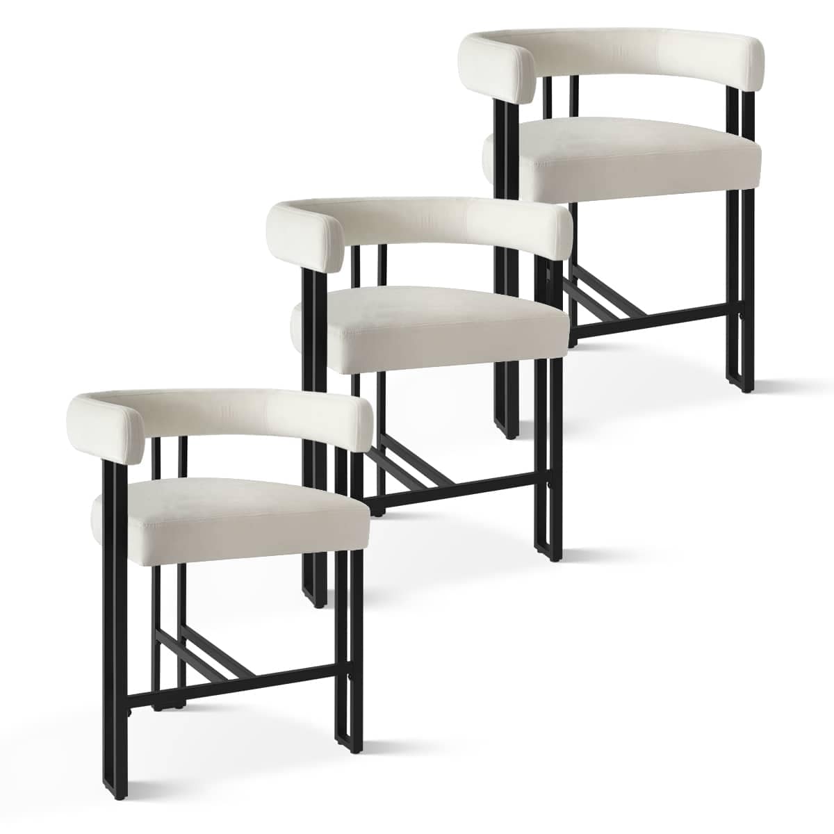 Maison Boucle MIA-C-V-BEIGE-3 Set of 3 Beige Velvet Counter Height Bar Stool with Armrest and Curved Back for Kitchen Island
