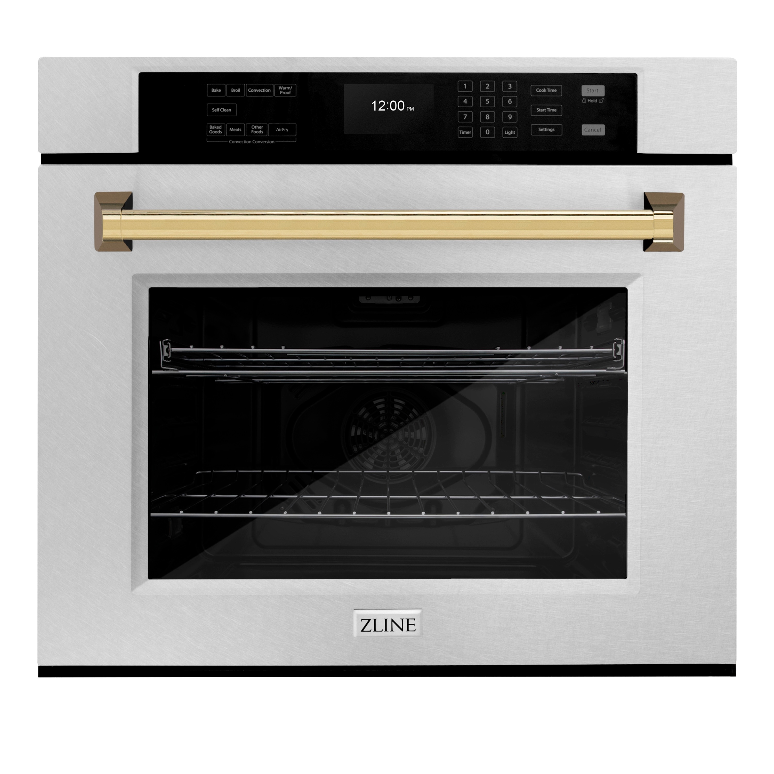 ZLINE KITCHEN & BATH WASSZ-30-G 30 inch Single Electric Wall Oven with Air Fry True Convection and Self-cleaning ( Satin Stainless Steel, Polished Gold Handle )