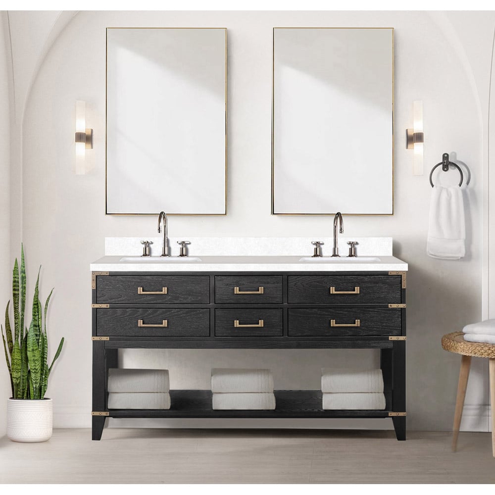 Lexora LVGR60DJ200 Greenberg 60-in Black Oak Undermount Double Sink Bathroom Vanity with White Quartz Top
