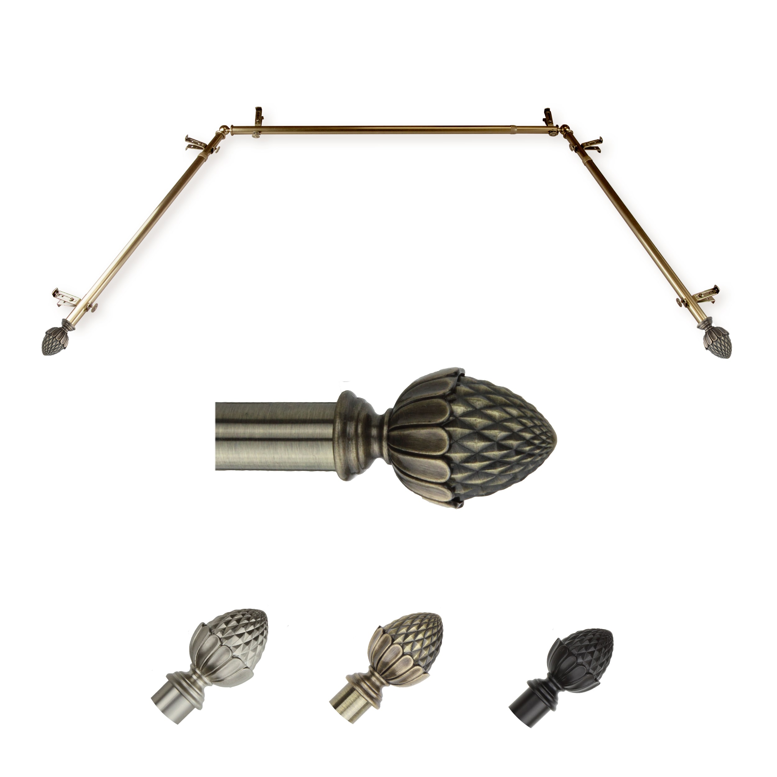 Hart & Harlow LO-ABAY-67-4 72-in to 144-in Antique Brass Steel Bay window curtain rod with Finials
