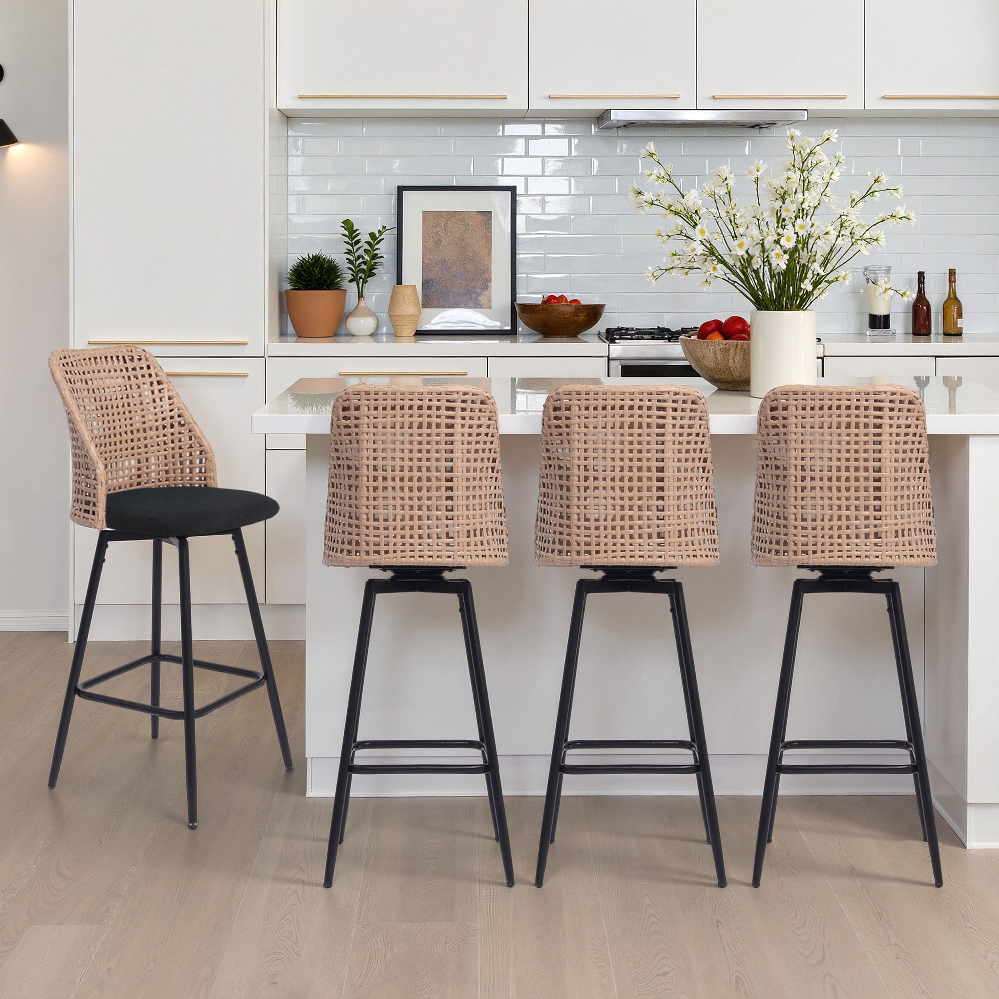 Dreamsidea  Barstool with Woven Wicker Backrest-360 Swivel-Chenille Upholstery-350lbs Capacity-Ergonomic Design