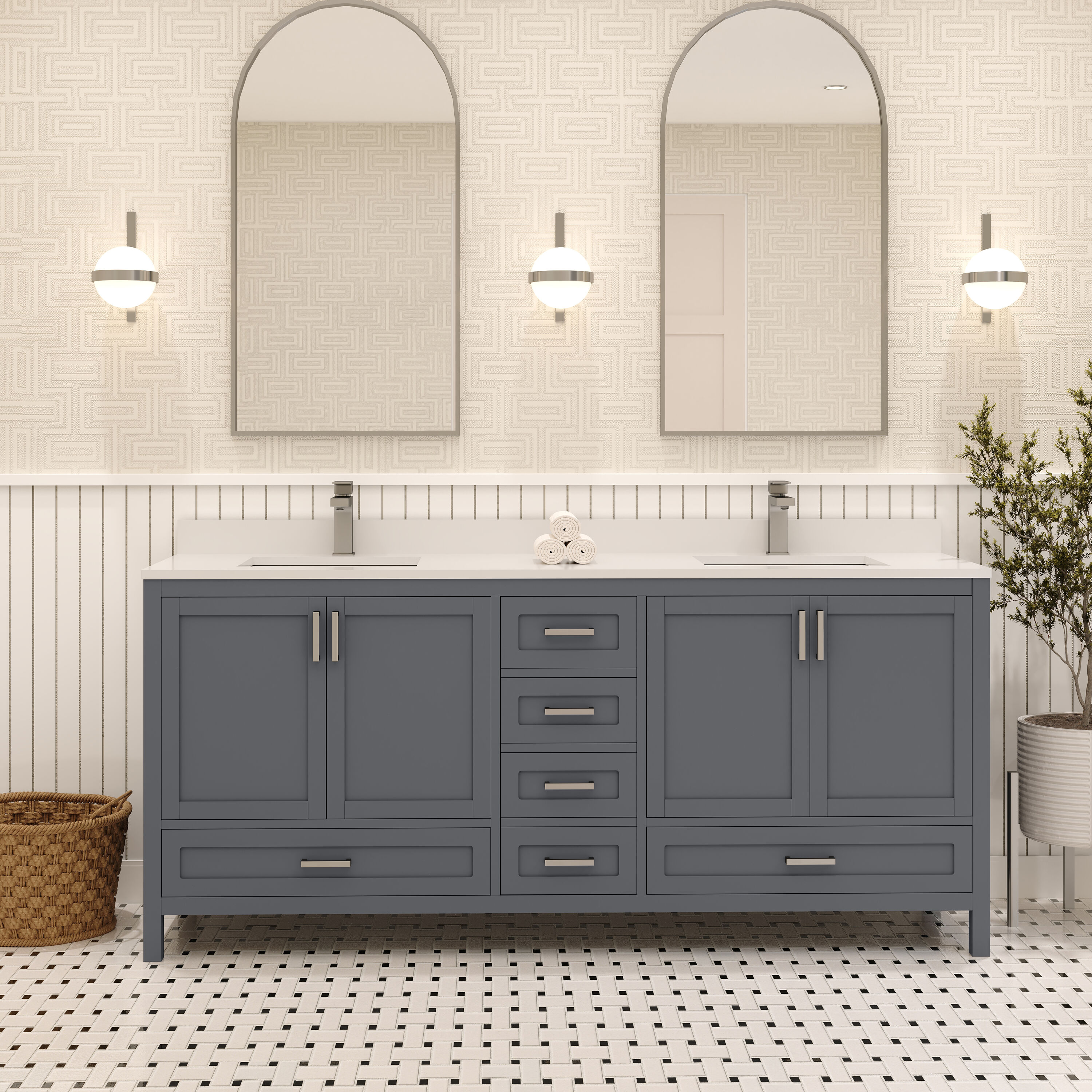 Ayna Decors AVR72CG3002 72-in Charcoal Grey Undermount Double Sink Bathroom Vanity with White Quartz Top