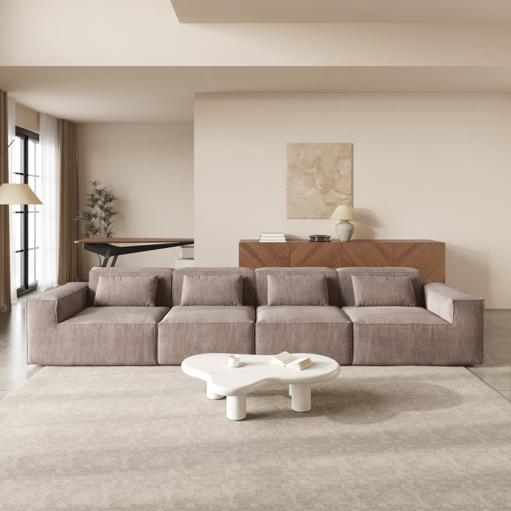 BuotiqHom DH-SF4-130BR 149.6-in Modern Brown Velvet 4 -seater Sectional