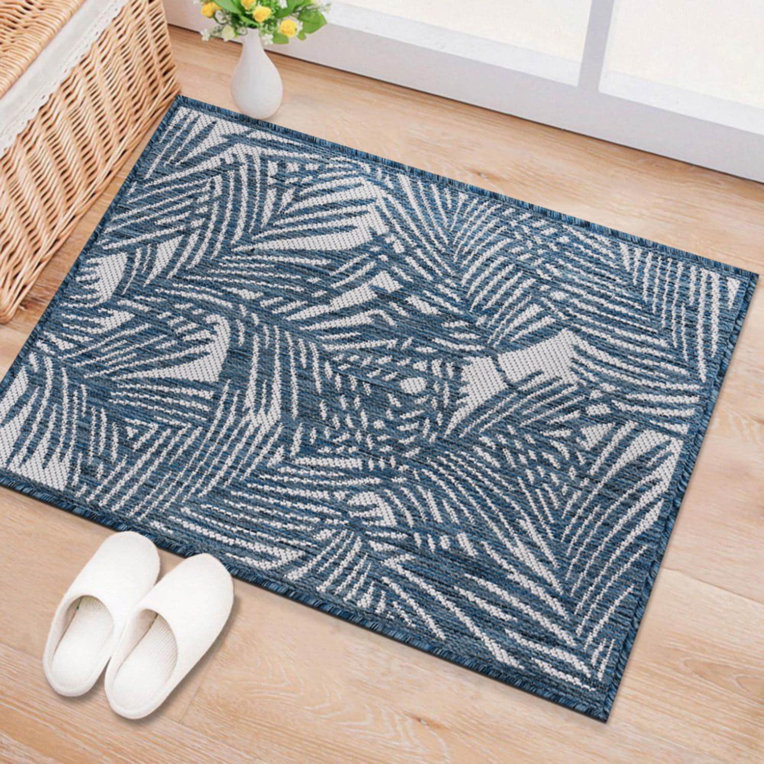 Navy Floral Synthetic Flat Woven Rectangular Rug 2'x3'