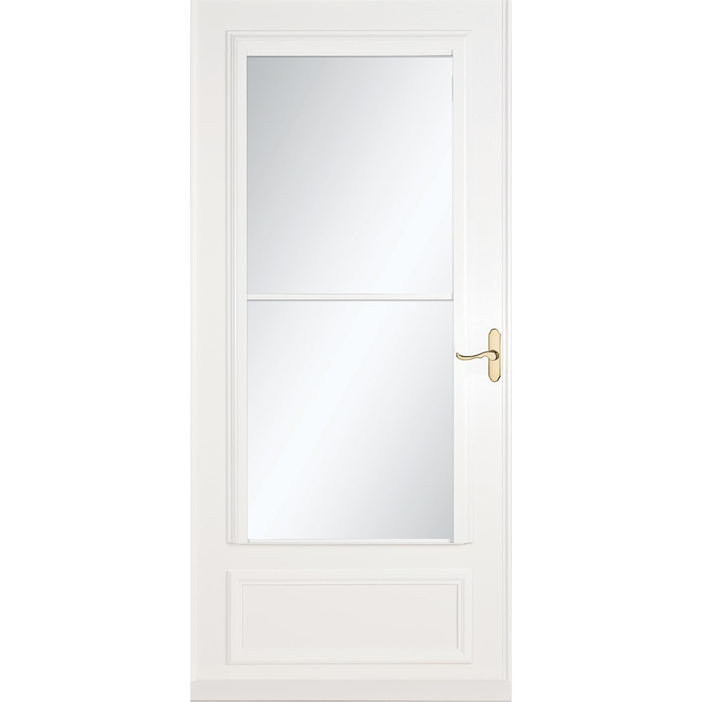 Savannah 30-in x 81-in White Mid-view Retractable Screen Wood Core Storm Door with Polished Brass Handle | - LARSON 37080033
