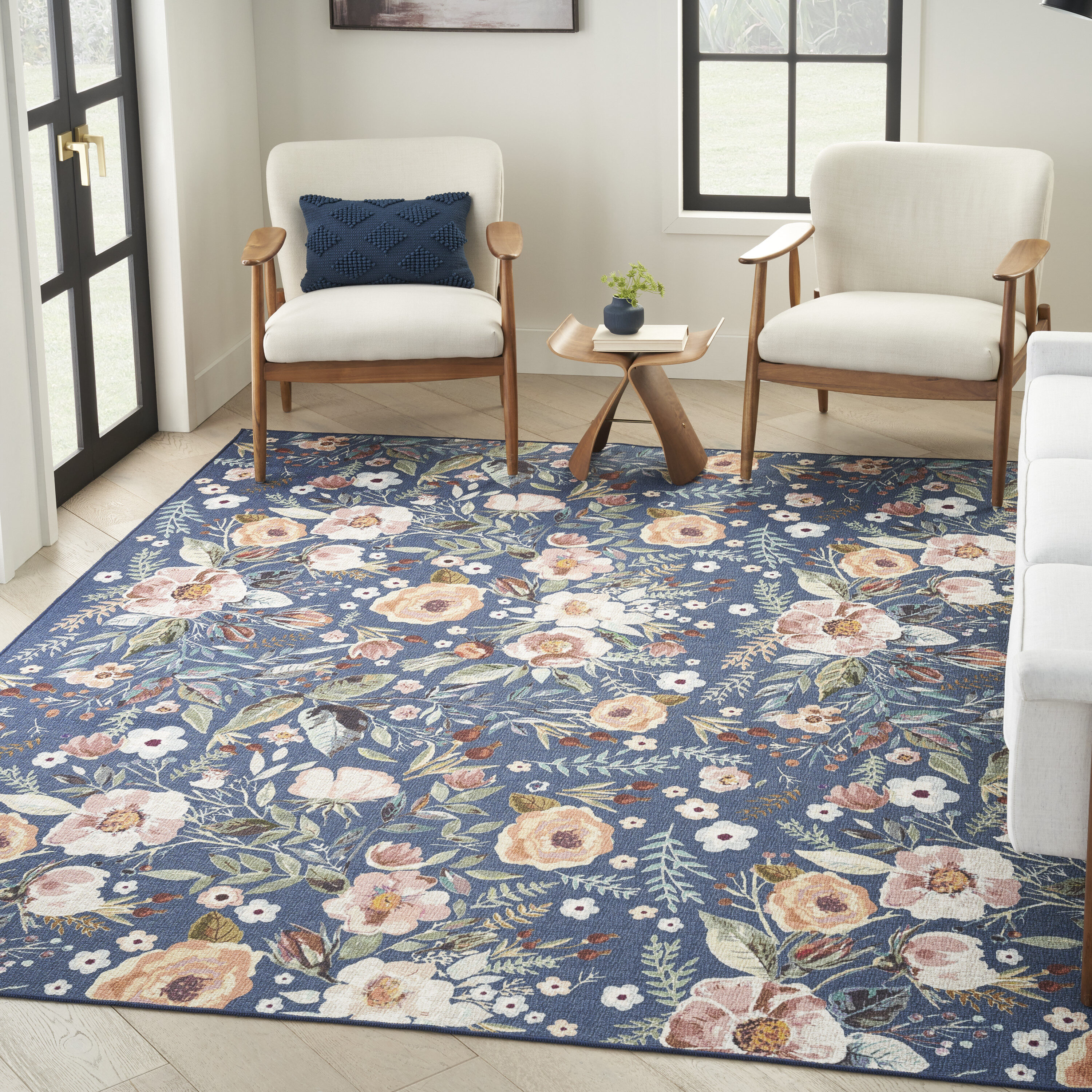 Nourison 099446912237 Washables 8 x 10 (ft) Loomed Polyester Navy Multicolor Rectangular Indoor Floral/Botanical Machine washable Area rug