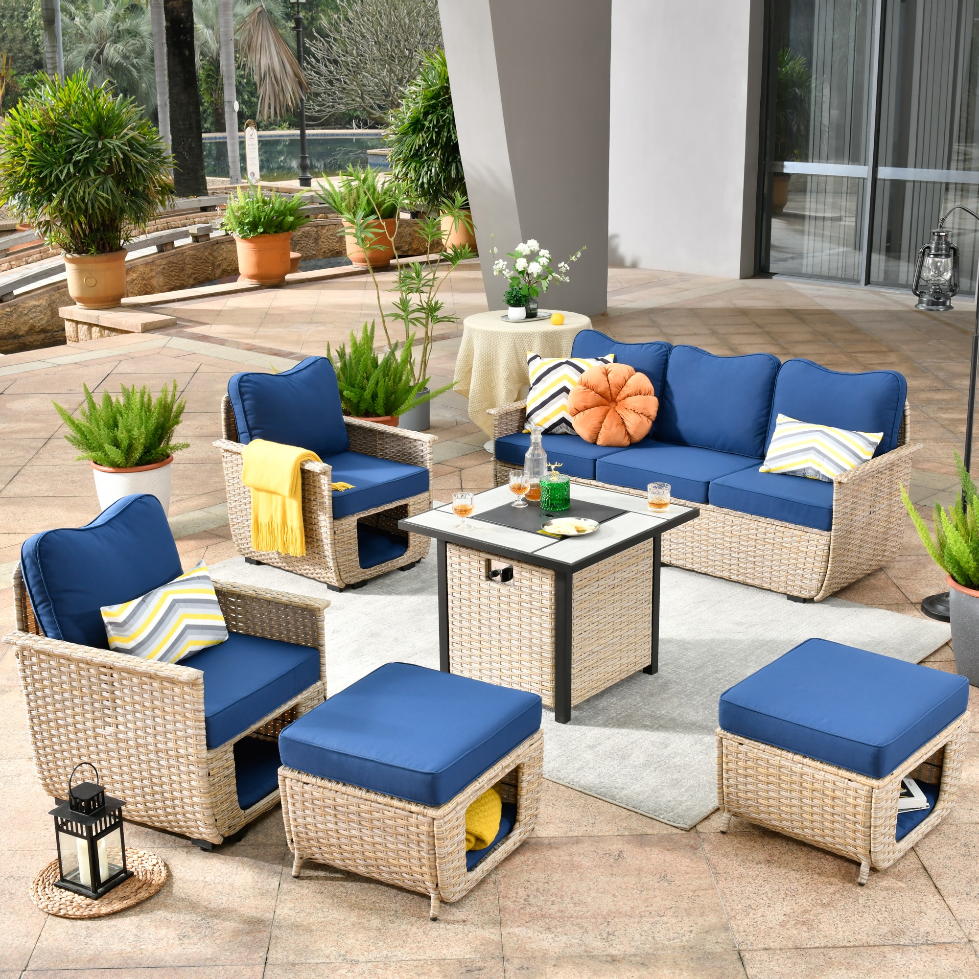 Pouuin SCAT7006 6 -Piece Rattan Patio Sofa Conversation Set with Blue Cushions