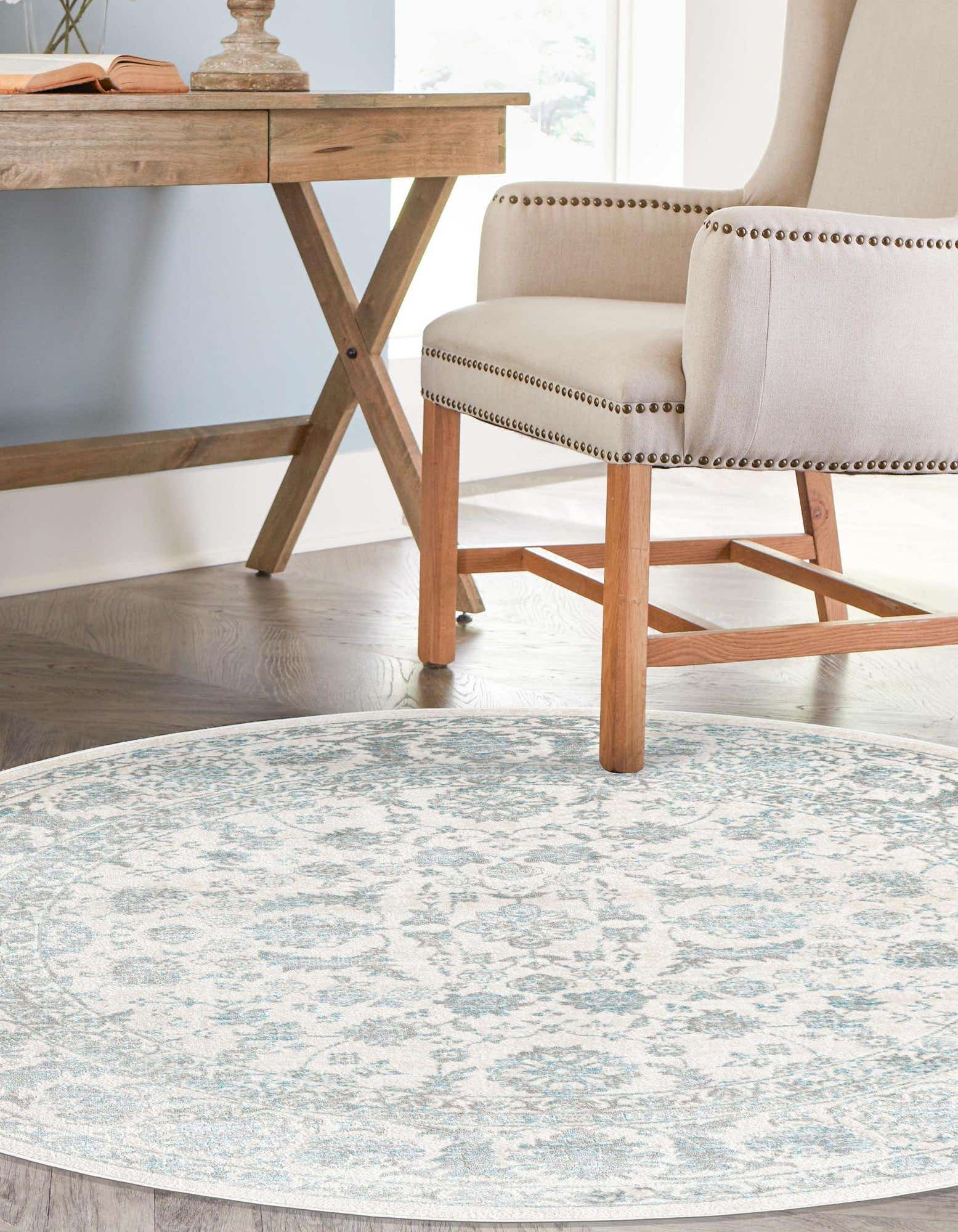Unique Loom 3186992 Jill Zarin Uptown 8 x 8 (ft) Loomed Polypropylene Teal Round Indoor Floral/Botanical Farmhouse/Cottage Area rug