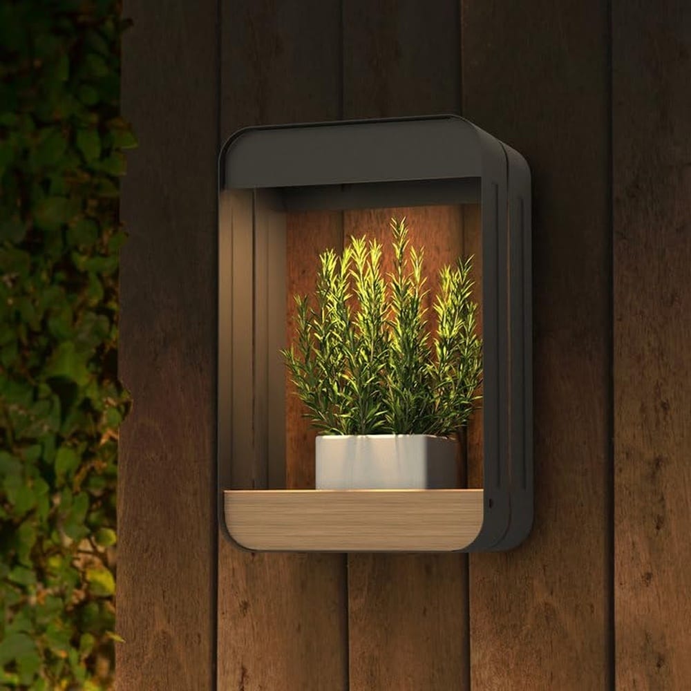 AOIZGMY Outdoor Solar Wall Sconce Shelf Planter LED Waterproof Wall Light with Woodgrain Accent for Patio Porch Garden Modern Black Design #LAZ0519Z072
