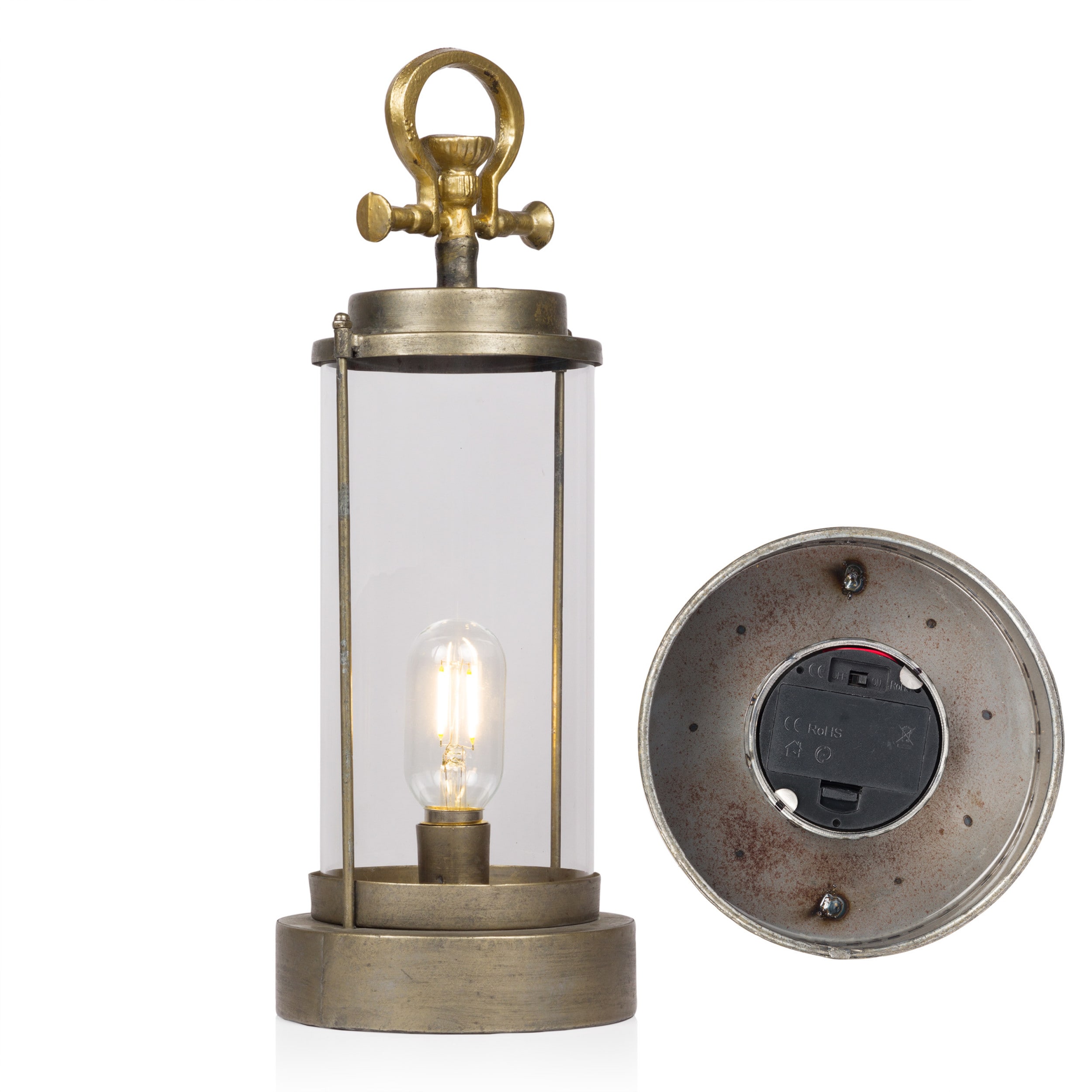 Vintage Gold Metal and Glass Lantern with LED Light
