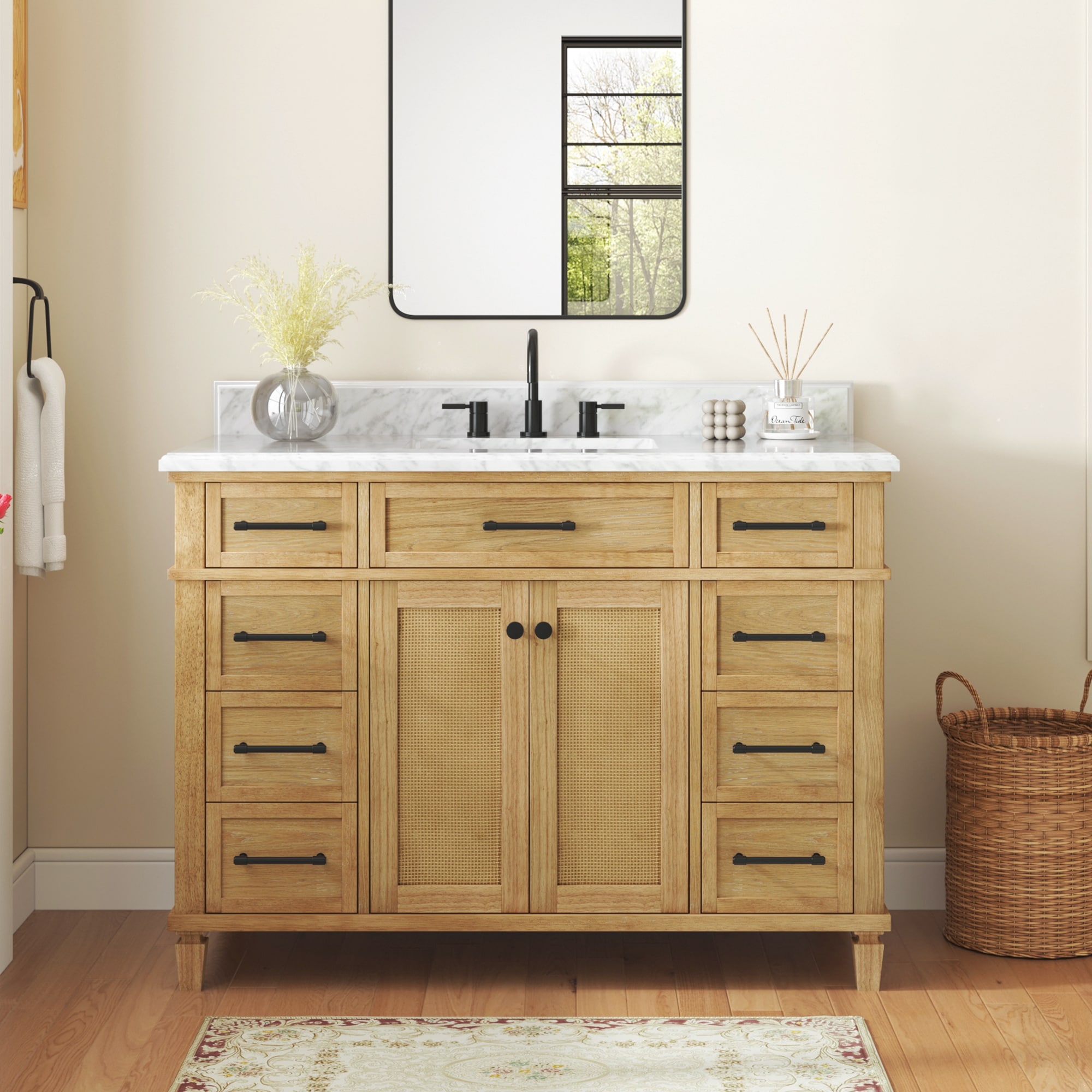 Wallister 48-in Wood Undermount Single Sink Bathroom Vanity with White Natural Marble Top in Brown | - allen + roth L22095-VS48-WD