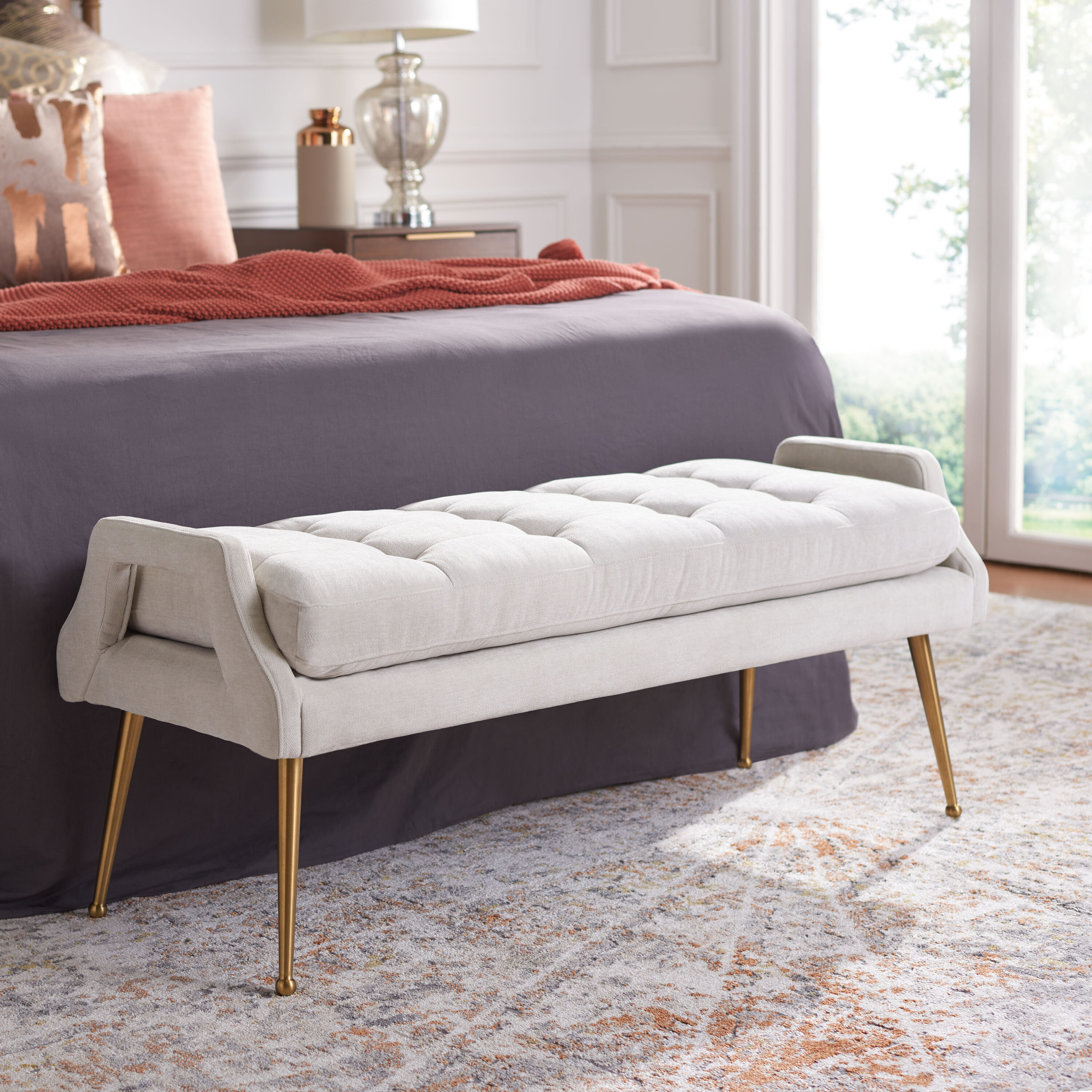 Safavieh BCH5200A Modern Light Gray/Gold Accent Bench 47.64-in x 18.11-in x 20.28-in