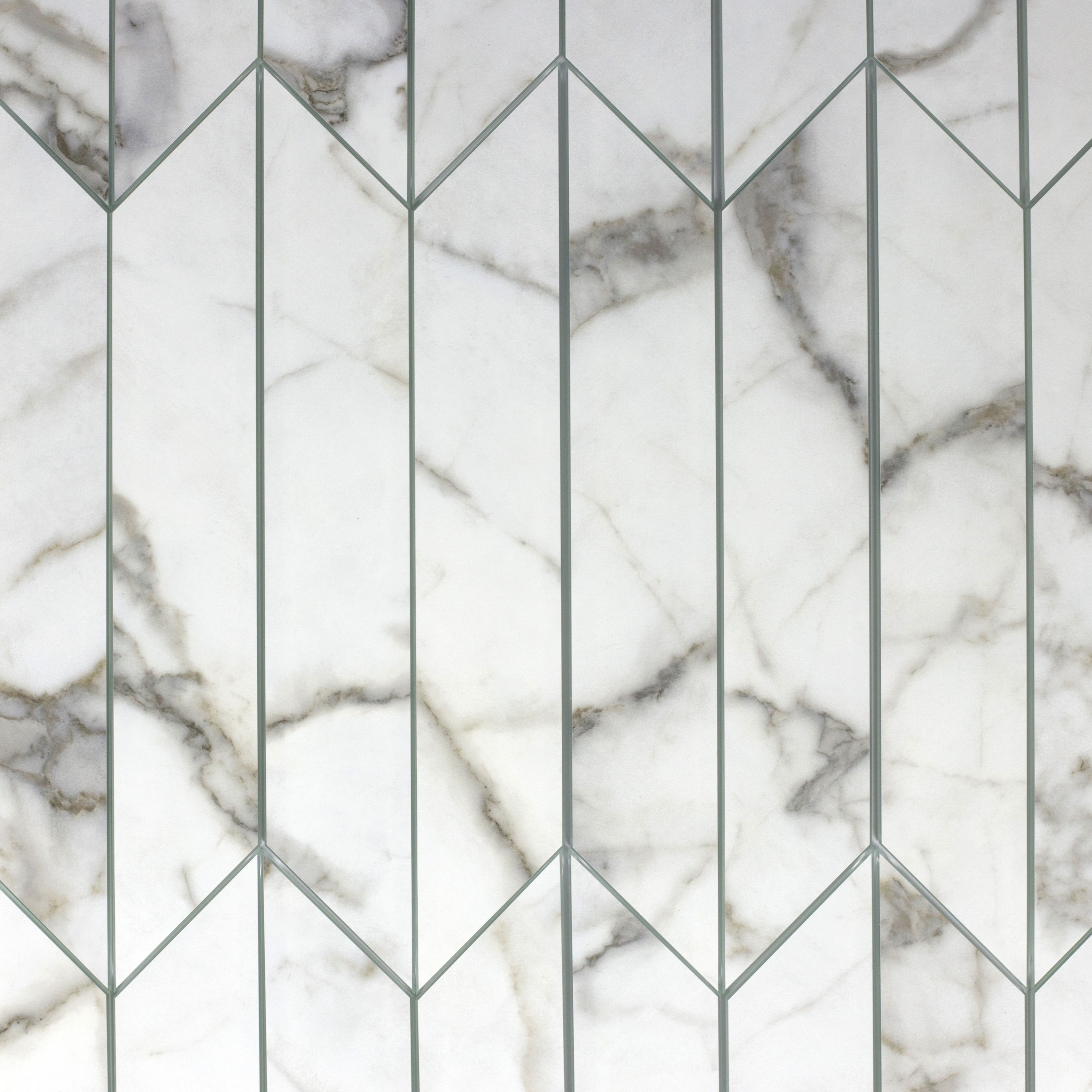 Abolos LWSWTJSET-BC Bianco Carrara Chevron White Gray 3-in x 12-in Matte Glass Marble look Hexagon Standard Wall Tile ( 16.2-sq ft Carton )