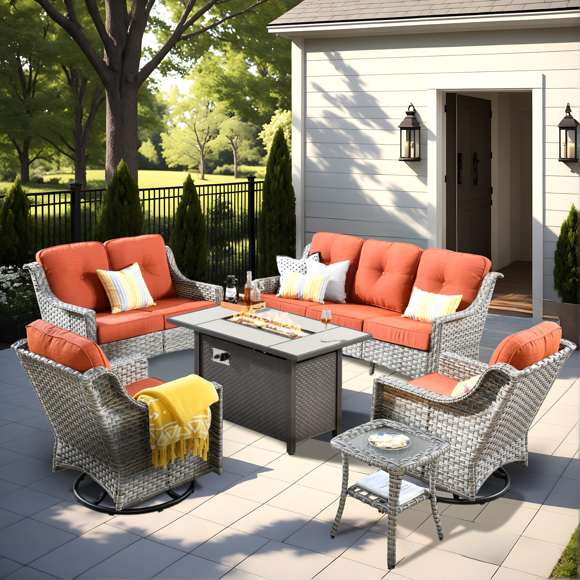Pouuin SCFPAD806 6 -Piece Wicker Patio Sofa Conversation Set with Orange Cushions