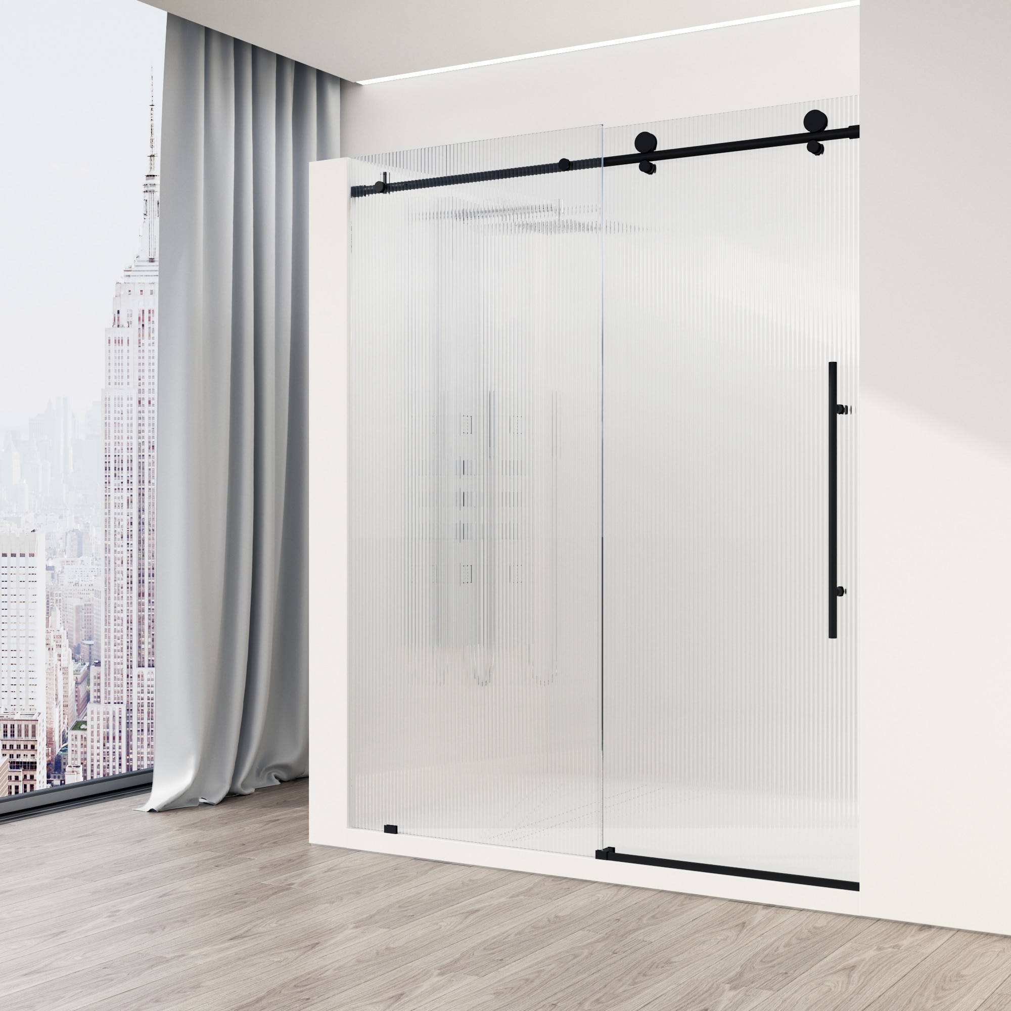 Elan E-Class 56-60" Matte Black Frameless Sliding Shower Door with Fluted Glass