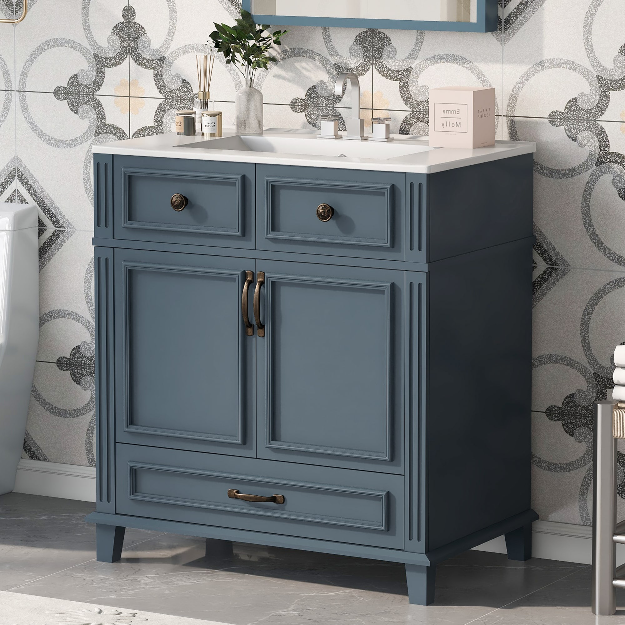 LUXEYARD - 30 Bathroom Vanity with Ceramic Sink Solid Wood Frame Bathroom Storage Cabinet with So...