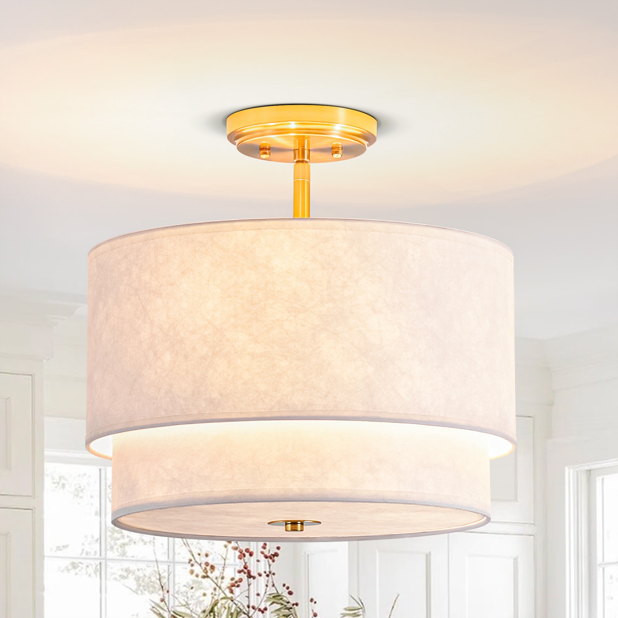 Y'INSP Vexagyle 15.7-in Brushed Brass Indoor 3 -Light Semi-flush Mount Light with Fabric Shade