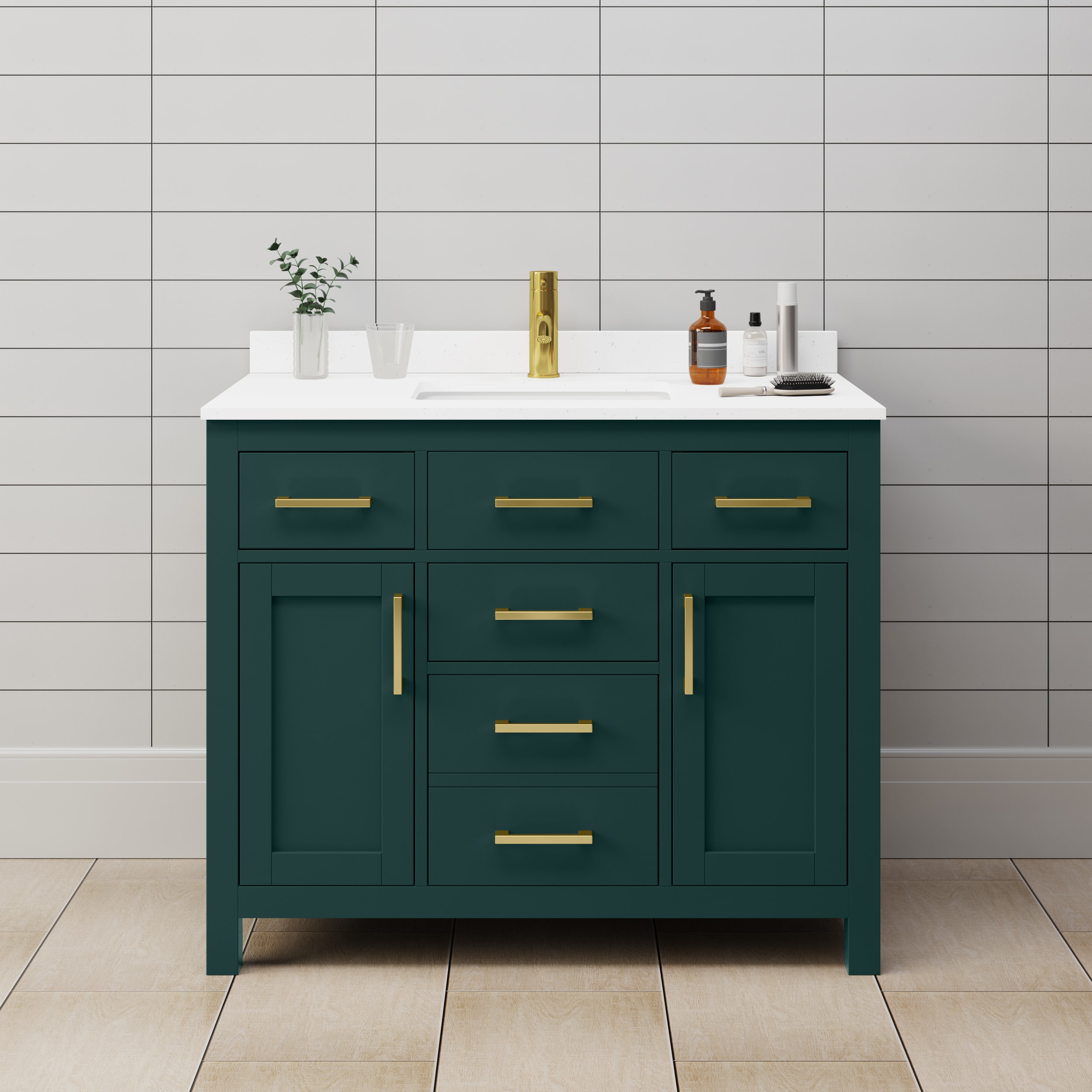 Wyndham Collection WCG242442SGDWCUNSMXX Beckett 42-in Green with Brushed Gold Trim Undermount Single Sink Bathroom Vanity with White Cultured Marble Cultured Marble Top