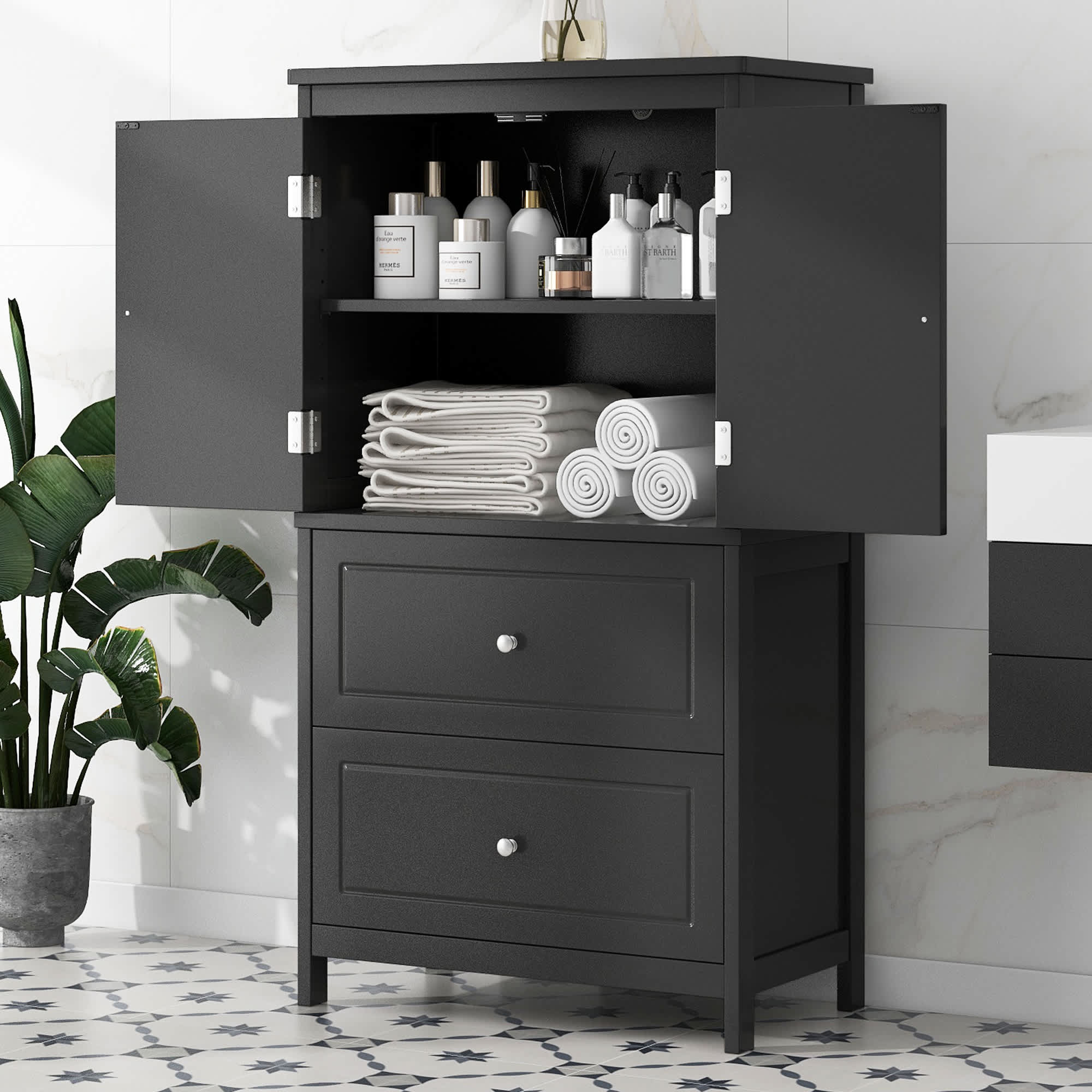 Roomfitters  Bathroom Storage Cabinet with Two Doors and Drawers Adjustable Shelf and Painted MDF Structure Black