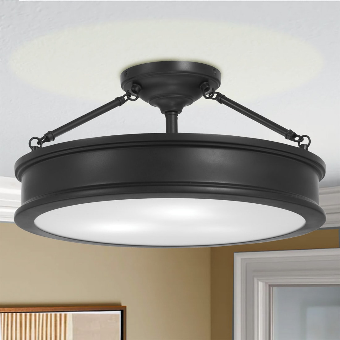 Minka Lavery Harbour Point 19-in Matte Black Indoor 3 -Light Semi-flush Mount Light with Etched Glass