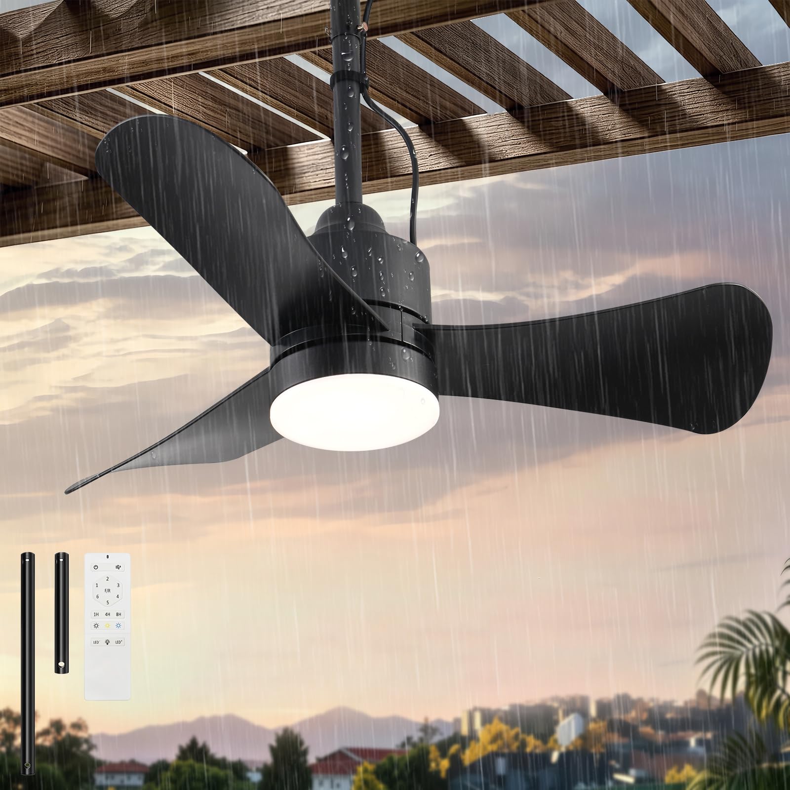 Anqtovp  Outdoor Ceiling Fan 32 Inch Plug In with LED Light Waterproof for Patio Gazebo Pergola Six Speeds Reversible Remote Control Black