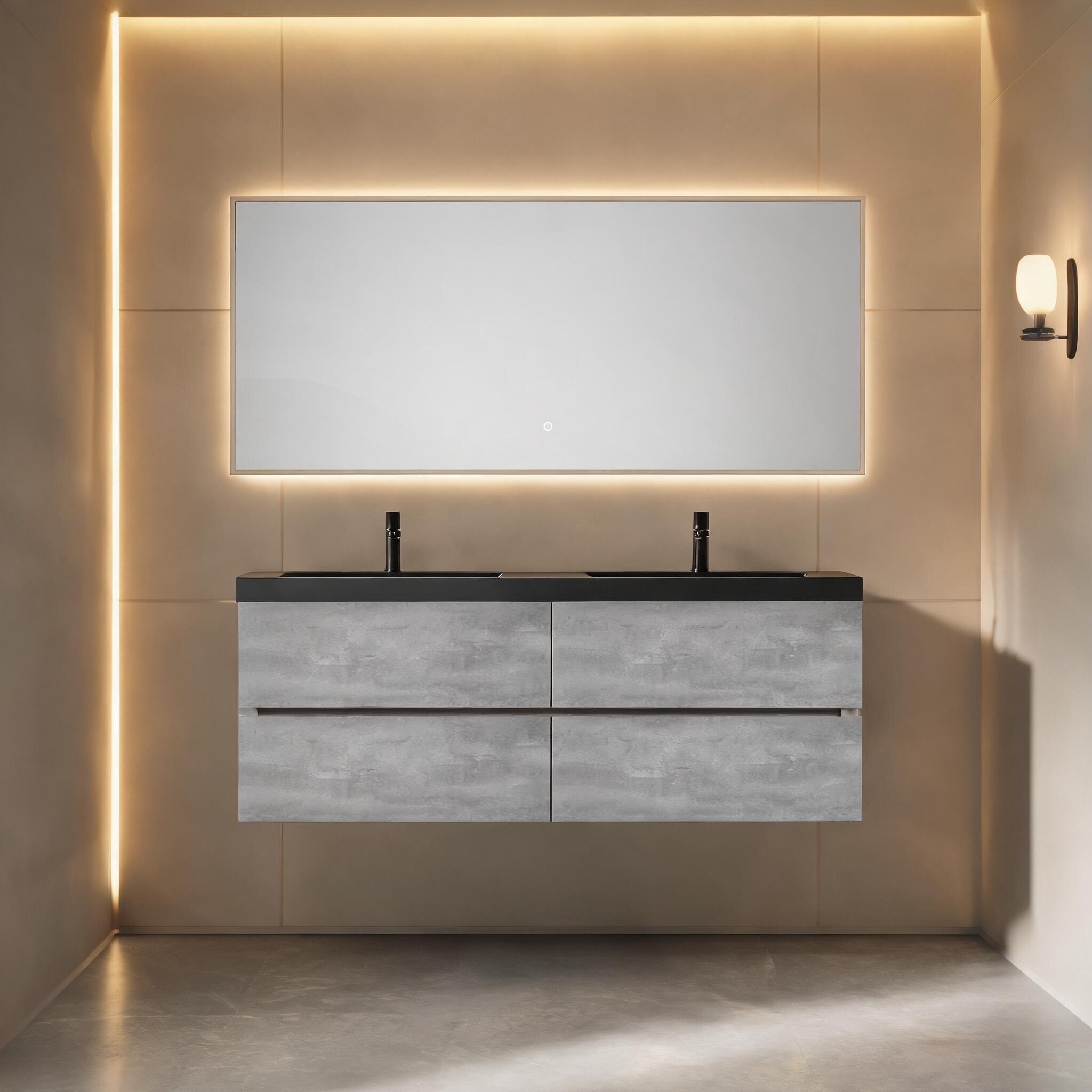 SunJet - Wall-Mounted 60-Inch Floating Vanity with Double Black Quartz Sand Basins Slate Gray Fou...