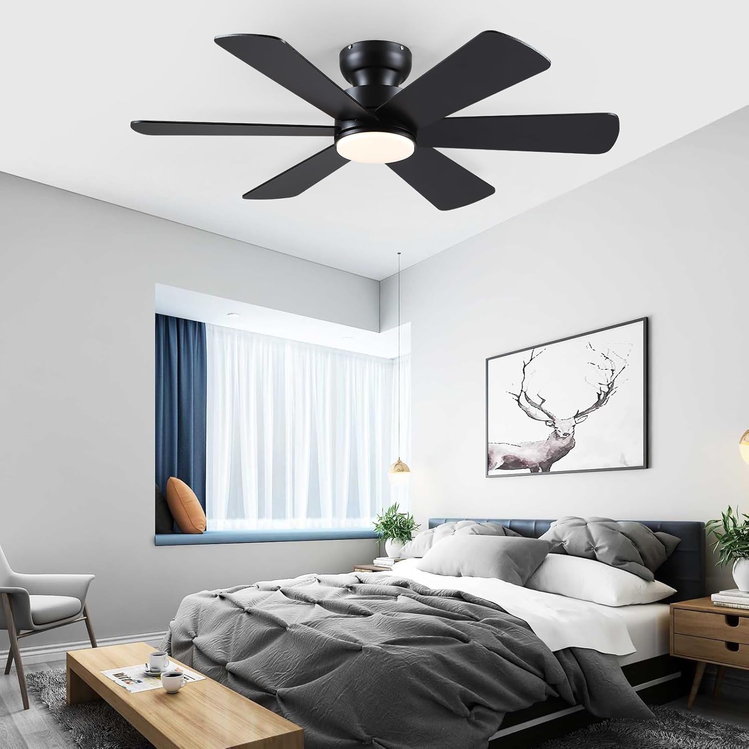 Kviflon  46 in Black Flush Mount Ceiling Fan with Light Ultra Quiet DC Motor Soft Airflow 6 Dual Sided Wooden Blades Reversible 6 Speed Remote and App Control Dimmable LED for Bedroom and Study