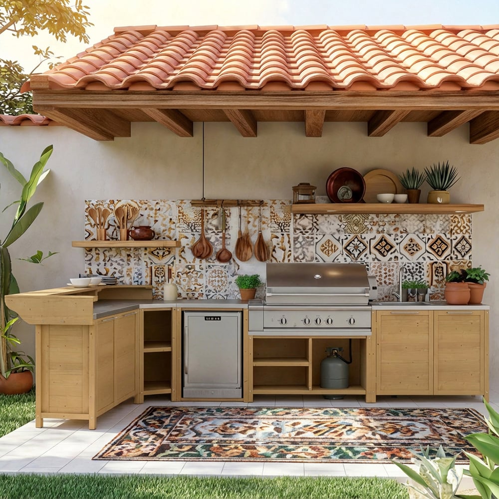 Famapy  Modular Outdoor Cedar Wood Kitchen Island Set with Sink Storage Cabinet Corner Cabinet Grill Base Refrigerator Cabinet and Bar Table Natural Wood Finish Stainless Steel Countertop 180.3''L x 89.3''W x 43.3''H Brown